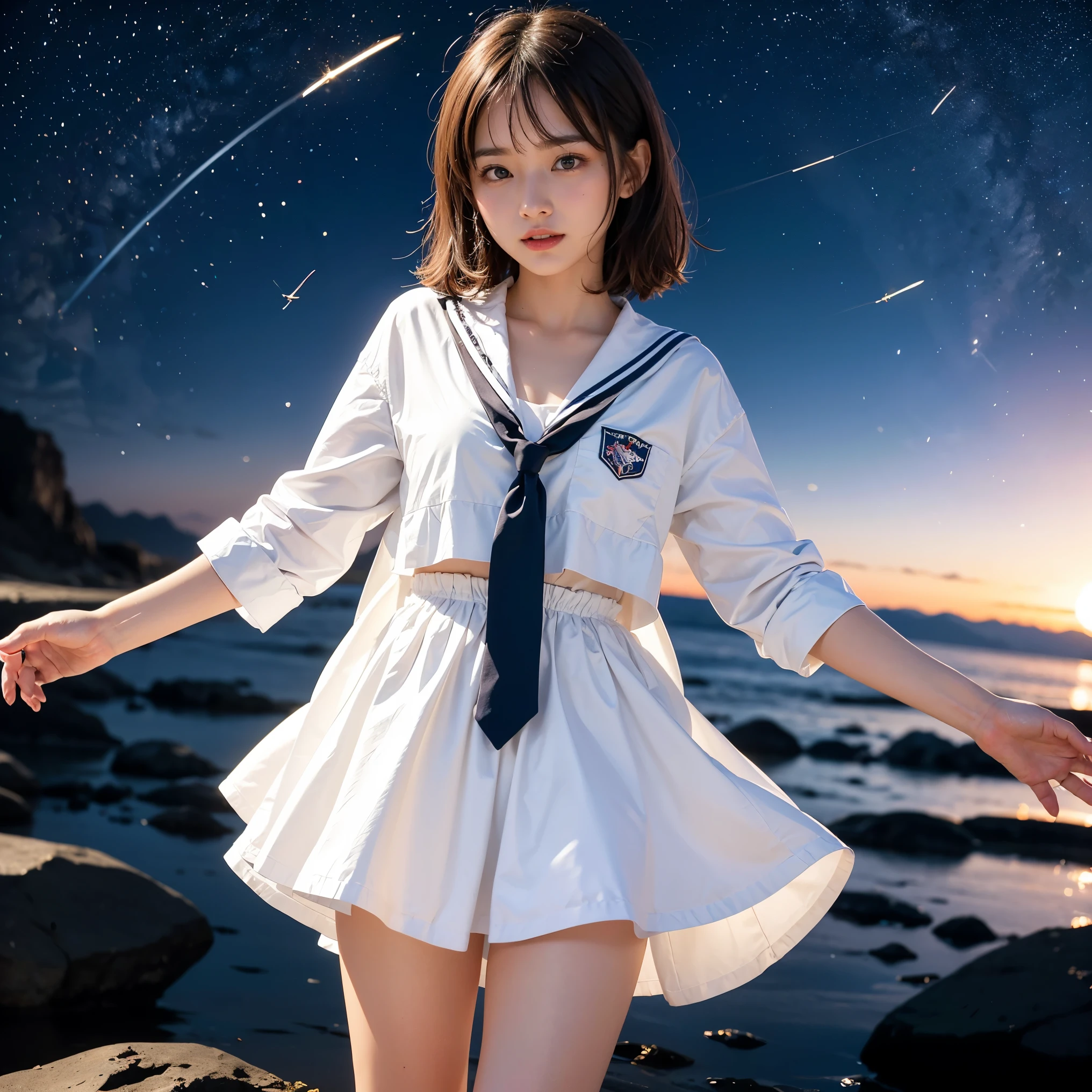 sailor suit、embarrassing、one beautiful woman、detailed face、fine hands、fine legs、(debris flies, highest quality:1.2), 8K, official art, chest、cute、I can see your panties、tug on skirt、 planet, trending on cgstation, 太陽系外planet, official art, mar planet, Sakimi-chan, Five Fingers Photos'body of, Full body Esbian、sailor suitの美しさ、cool look、 (masterpiece) (highest quality) (become familiar with) (8K) (movie lighting) (sharp focus) (complicated)black hair、、小さいchest、laughter、incredibly stupid, (beautiful girl, cute face, turn back, gold ornaments in hair、naked、chestのクローズアップ, gardenia, Viola family, space , looking at the viewer, film grain, chromatic aberration, オッパイsharp focus, face light, dynamic lighting, cinematic lighting, become familiar withな目と顔, (cute tie、1 part:1.2)