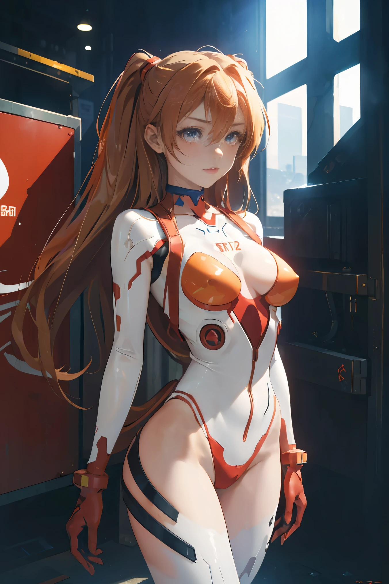 (masterpiece, best quality), 1girl, beautiful face, beautiful body, souryuu_asuka_langley, plugsuit, bodysuit, interface headset, red bodysuit, hair between eyes, pilot suit