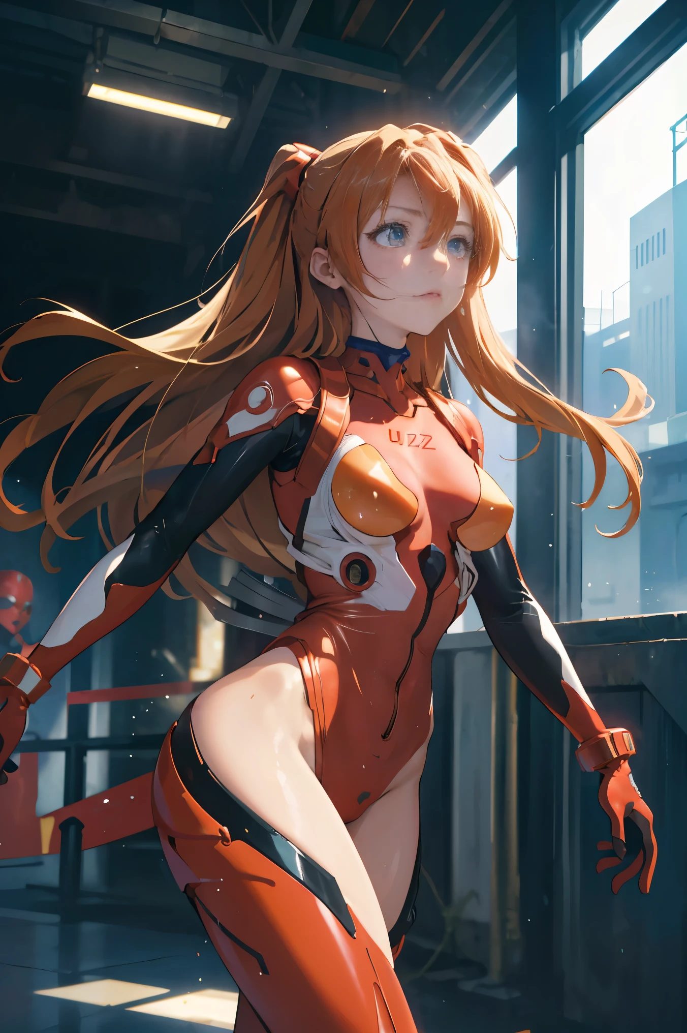 (masterpiece, best quality), 1girl, beautiful face, beautiful body, souryuu_asuka_langley, plugsuit, bodysuit, interface headset, red bodysuit, hair between eyes, pilot suit