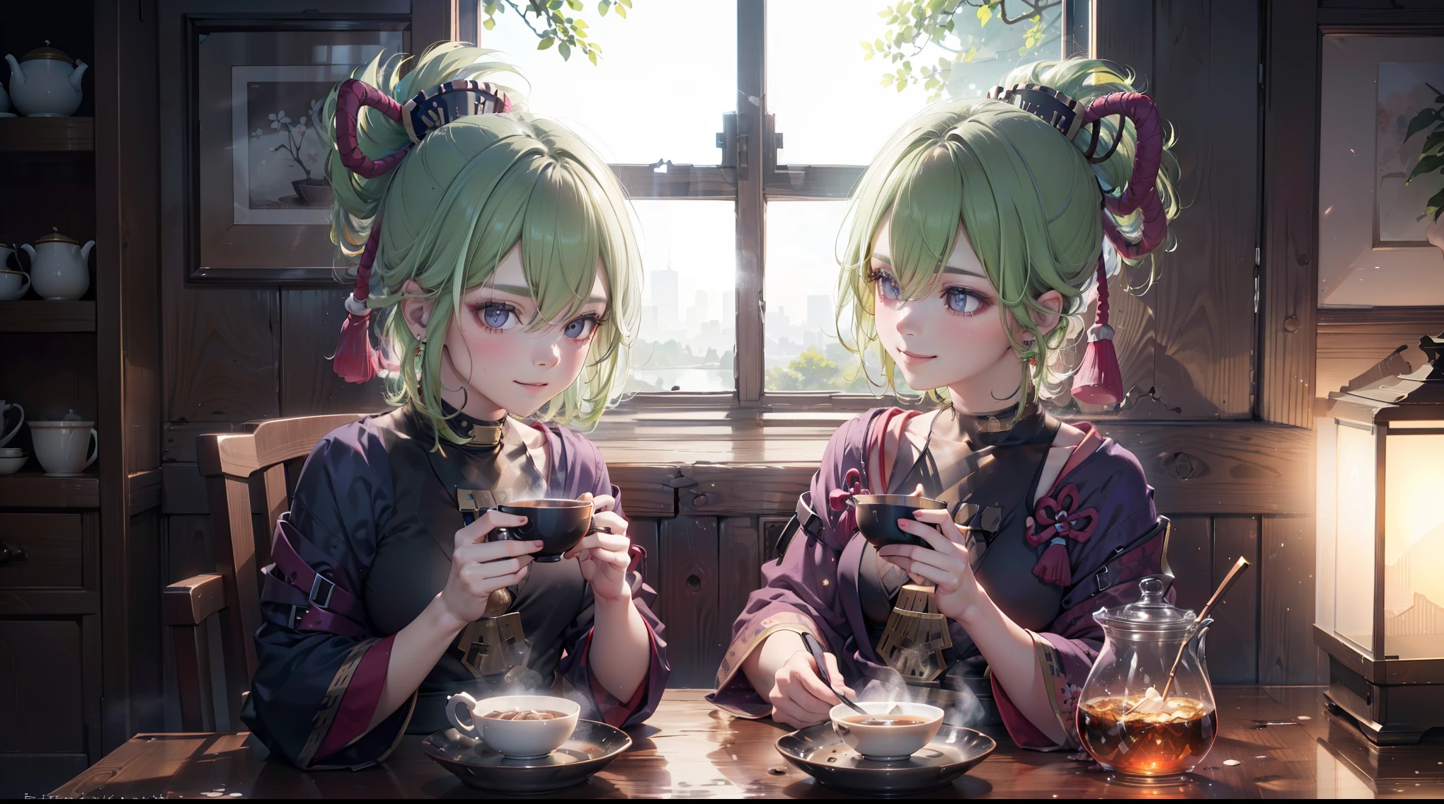 (best quality,8k,highres,masterpiece:1.2),(realistic,photorealistic,photo-realistic:1.37), ในตาสีม้วง, ชุดเมดแบบคลาสสิค, traditional Japanese bakery,beautiful detailed eyes,happiness,glowing eyes,smiling,peaceful atmosphere,traditional Japanese clothes,working(คุณภาพดีที่สุด,เต็มรูปแบบ,โฆษณา:1.2),แสงสว่างและอบอุ่น,หวานง่มงวง,ความสุขบริบูรณ์,รอยยิ้มสดใส,sakura tree,tranquil,aroma scent,dreamlike,vivid colors,subtle lighting,traditional Japanese tea set,lively ambiance