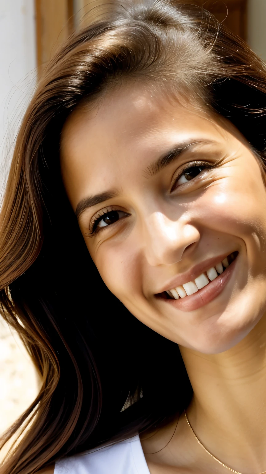 (une-1 pessoa:1.2), Bela dama latina, Sarda, Grande sorriso, maquiagem escura, fotografia hiperdetalhada, Luz suave, Portrait of head and shoulders, cobrir
