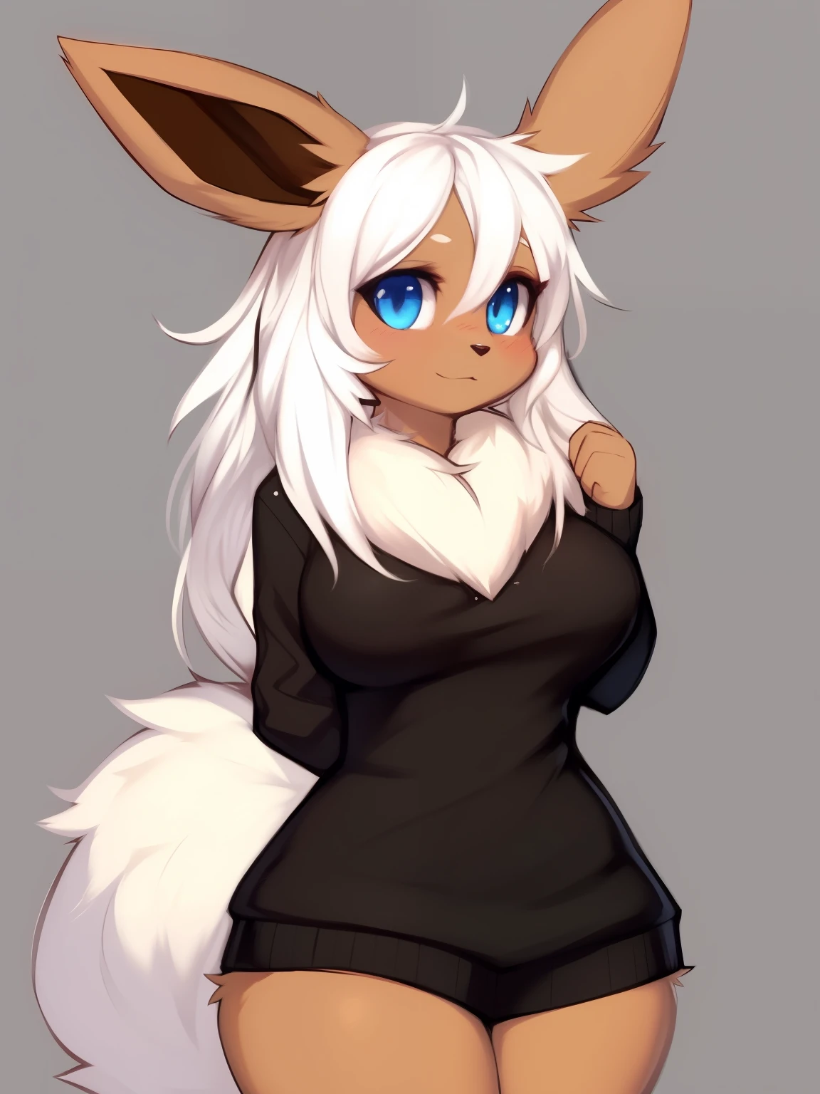 by zackary911,zackary911, eevee anthro, black hoode, solo, one character, blue eyes, female, fluffy fur, big fluffy tail, breast, fluffy fur neck, long white hair, wide hips