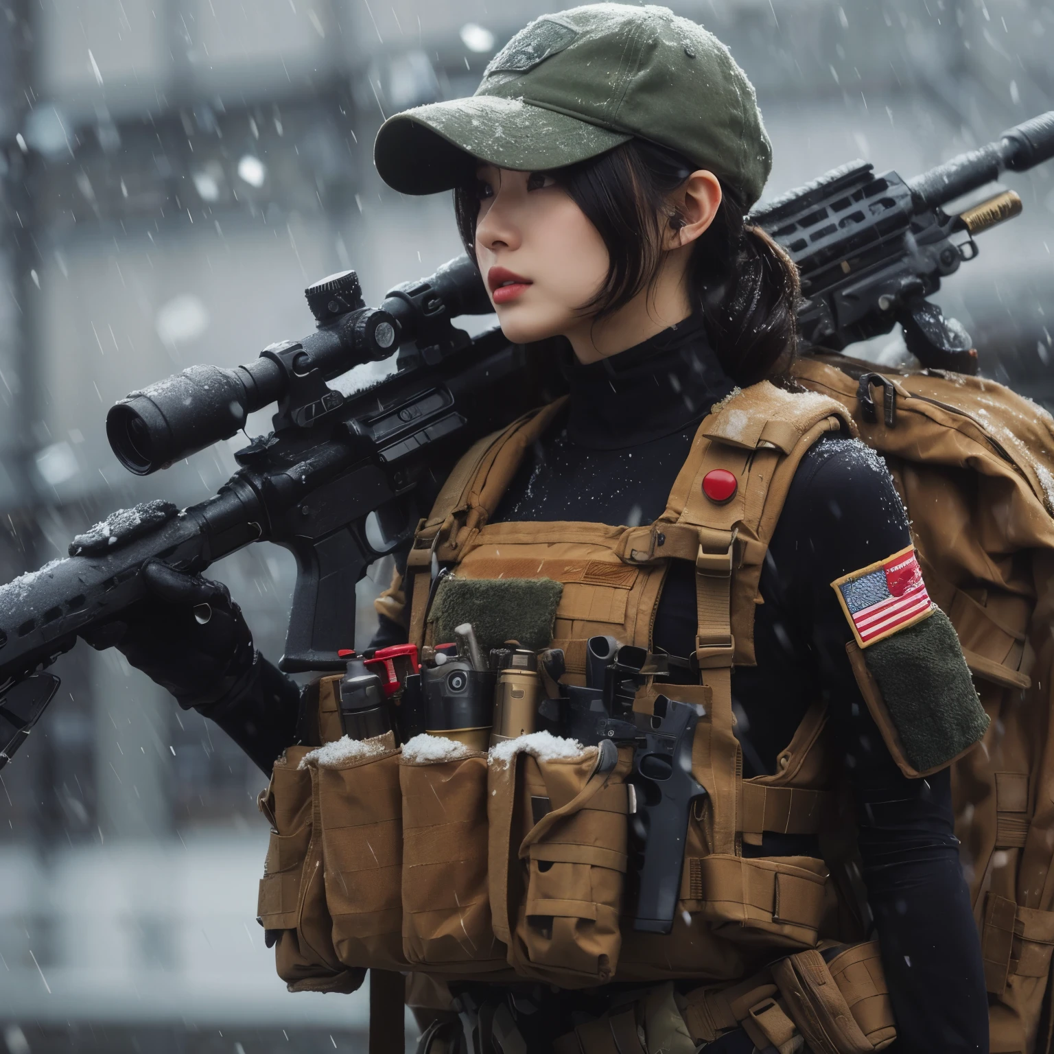 photorealistic、realistic skin texture、A beautiful Japanese woman belonging to the American military is in a city of winter rubble.、alley、old brick building、I'm on guard、Backpack、tactical puffer jacket、baseball cap、automatic rifle、bulletproof vest、It's snowing、moving action pose、muddy boots