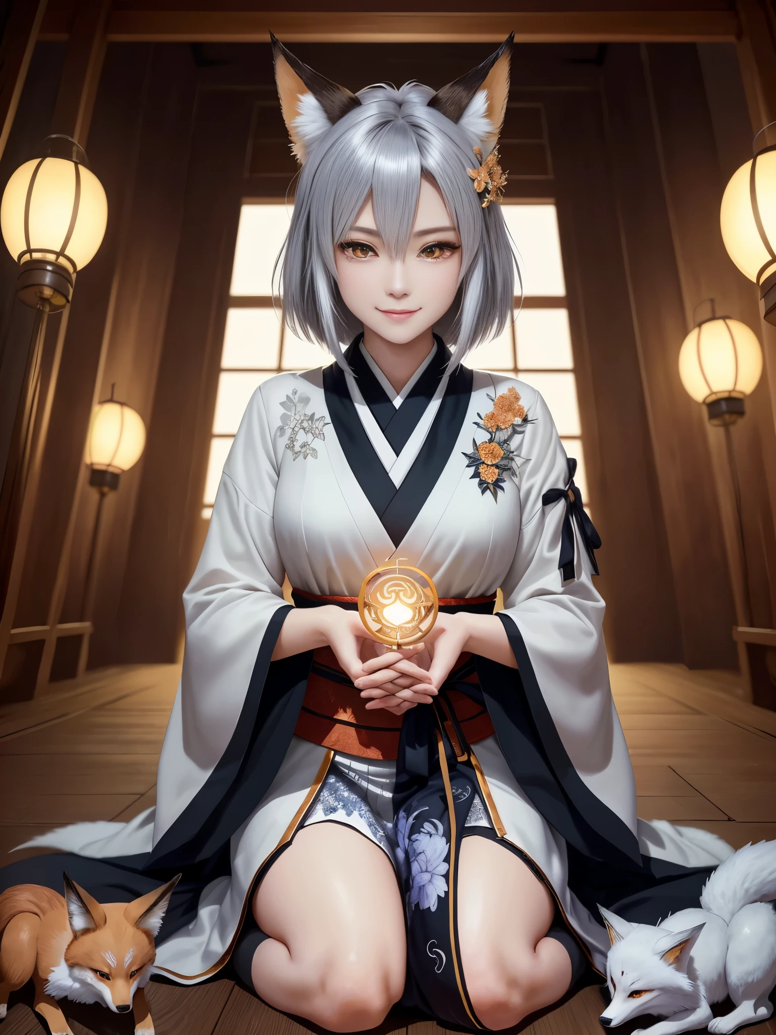 masterpiece , best quality,close up of face,smile,the whole body is facing forward,bright silver hair,brown eyes,sharp contrast,short hair,美しいフォルムのshort hair,just one person,precision quality,, masterpiece, japanese architectureの背景,beautiful details, colorful, delicate details, delicate lips, intricate details, genuine, ultrargenuineista, 枝に座っている色とりどりの髪のFoxを持つ女の子:Mature, bright eyes, ,色とりどりのFox, raposa de nine tails, 三尾Fox, 三尾Fox, onmyoji detail art, beautiful fine art illustration, mythical creatures, Fox, beautiful digital art,shrine maiden,japanese architecture,hold hands,exquisite digital illustration, mizutsune, Inspired by mythical wild web creatures, pixiv in digital art, shining light, high contrast, Mysterious,