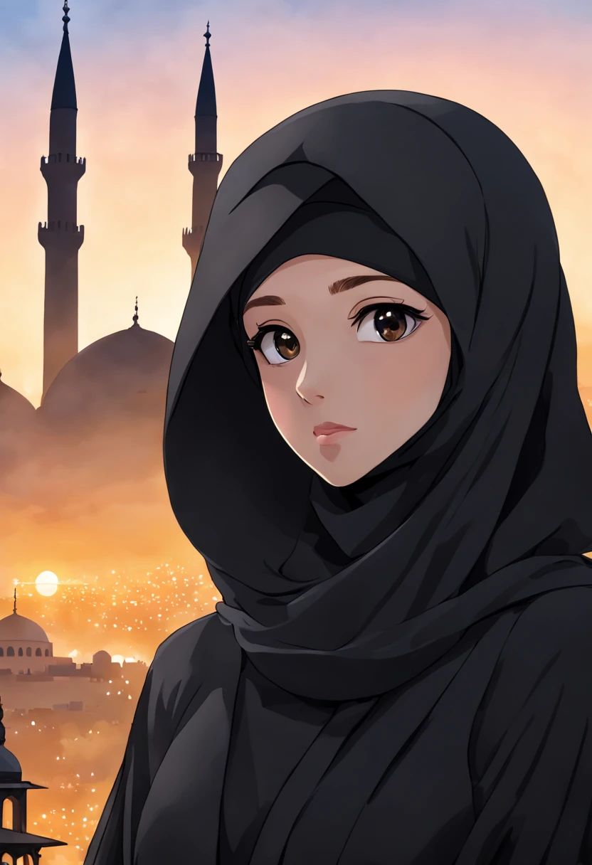 Craft an anime-style close-up portrait of a 24-year-old woman, her unadorned eyes reflecting serenity and inner peace, draped in a black Abaya and Khimar Hijab. Behind her, the bustling streets of a modern city blur into the background, symbolizing the harmony between tradition and contemporary life, while the woman's modest attire serves as a timeless reminder of faith and humility.