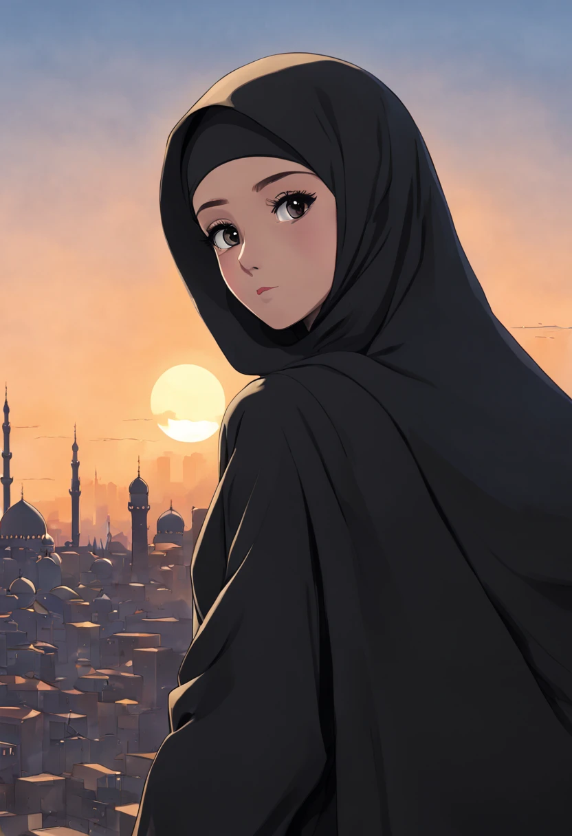 Craft an anime-style close-up portrait of a 24-year-old woman, her unadorned eyes reflecting serenity and inner peace, draped in a black Abaya and Khimar Hijab. Behind her, the bustling streets of a modern city blur into the background, symbolizing the harmony between tradition and contemporary life, while the woman's modest attire serves as a timeless reminder of faith and humility.