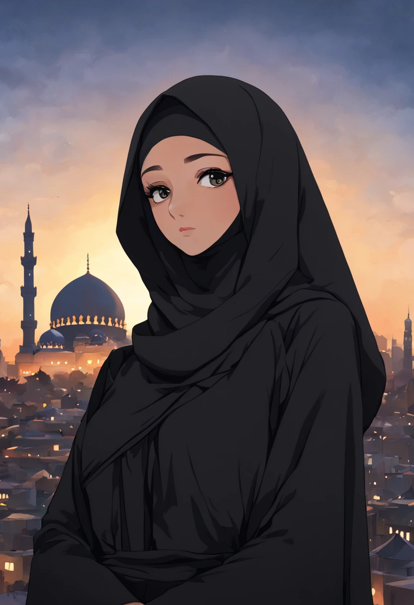 Develop a visually captivating anime-inspired illustration portraying the extreme close-up of a 24-year-old woman wearing a black Abaya and Khimar Hijab. In the background, a modern skyline rises against the horizon, juxtaposed with the silhouette of a mosque illuminated by the glow of the setting sun, symbolizing the coexistence of spirituality and progress in the modern world.