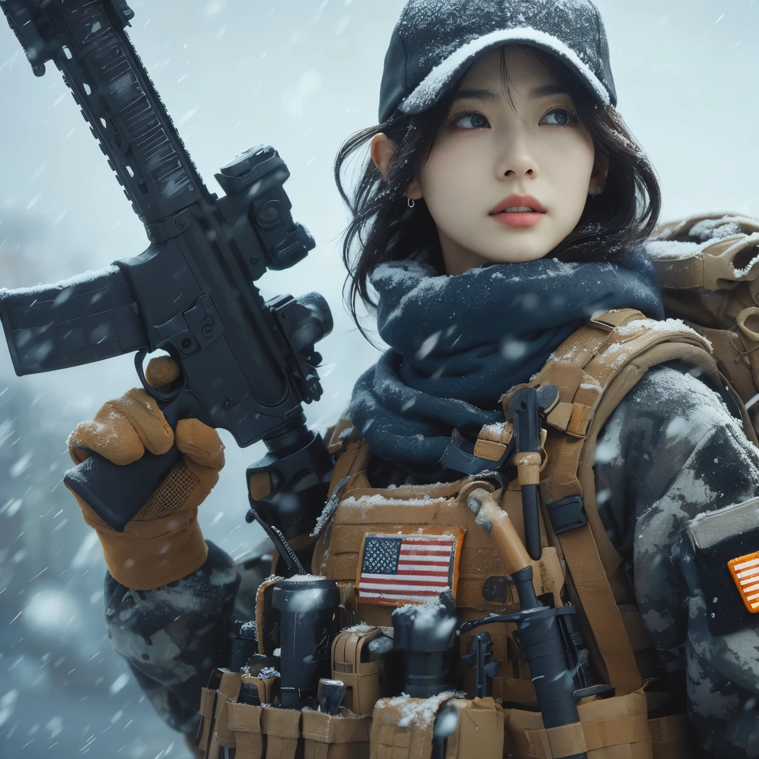 photorealistic、realistic skin texture、A beautiful Japanese woman belonging to the American military is in a city of winter rubble.、alley、old brick building、I'm on guard、Backpack、tactical puffer jacket、baseball cap、automatic rifle、bulletproof vest、It's snowing、moving action pose、muddy boots