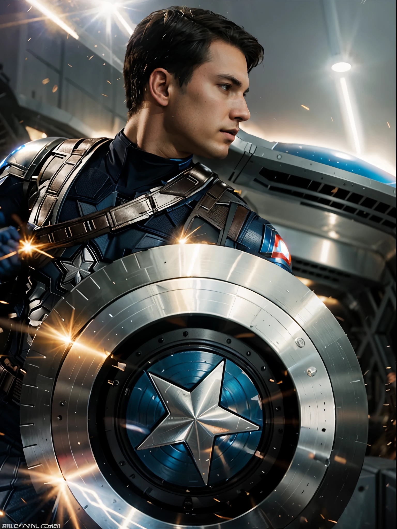 Digital comic book illustration by Clayton Crain, a 23 years old boy super hero wielding elemental powers, black short straight hair, brown eyes, in a Captain America's costume that reflects her abilities, simple background, strong contrasts, from a front angle, in a dynamic action scene, immersive atmosphere, full figure, full body,