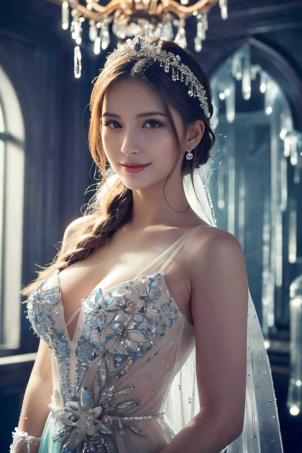 ((table top:1.4, highest quality)), (realistic pictures:1.4), 
((1 girl)), 
(超High resolution:1.2), very delicate and beautiful, wonderful, 
Highly detailed CG Unity 8k wallpaper, Super detailed, High resolution, soft light, 
beautiful detailed girl, highly detailed eyes and face, beautifully detailed nose, beautiful and detailed eyes, 
(wearing a dressed up costume:1.4),
cinematic lighting, perfect anatomy, slender body, thin chest,
(ice castle guest room, Ice Room, ice furniture, ice chandelier, lit up in the dark:1.3), (A fantastic world of ice and light, transparency of ice, The aesthetics of light refracting through ice:1.3), (A world of inorganic beauty where everything is covered in icicles and frozen.:1.3), Beautiful,
cowboy shot, looking at the viewer, smile
