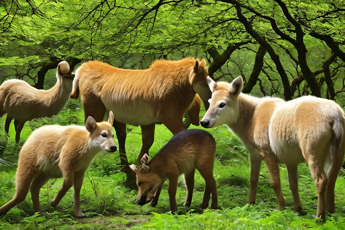 in a beautiful forest、animals living in peace