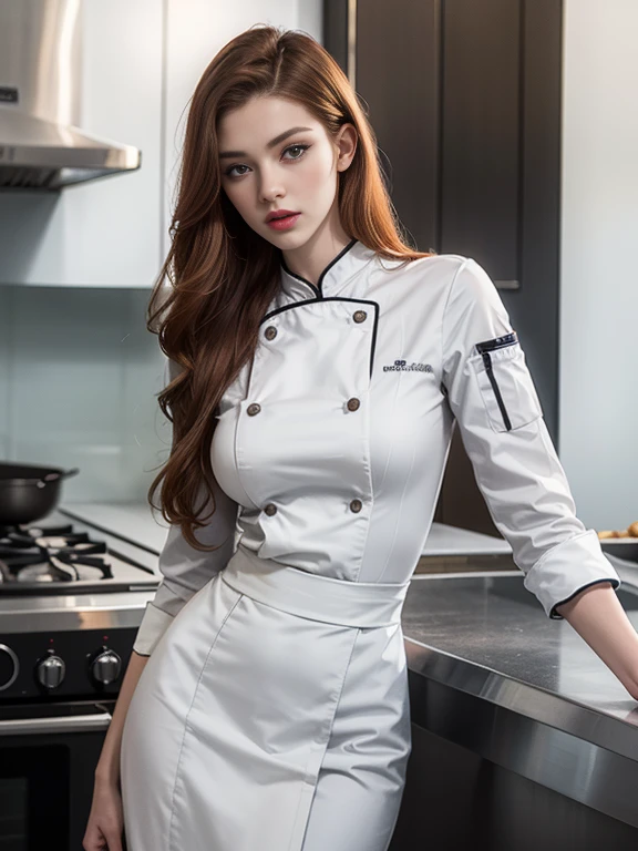 super realistic image, high quality uhd 8K, of 1 girl, detailed realistic ((slim body, high detailed)), (tall model), redhead, long ginger hair, high detailed realistic skin, ((white and gray chef uniform)), real vivid colors, standing