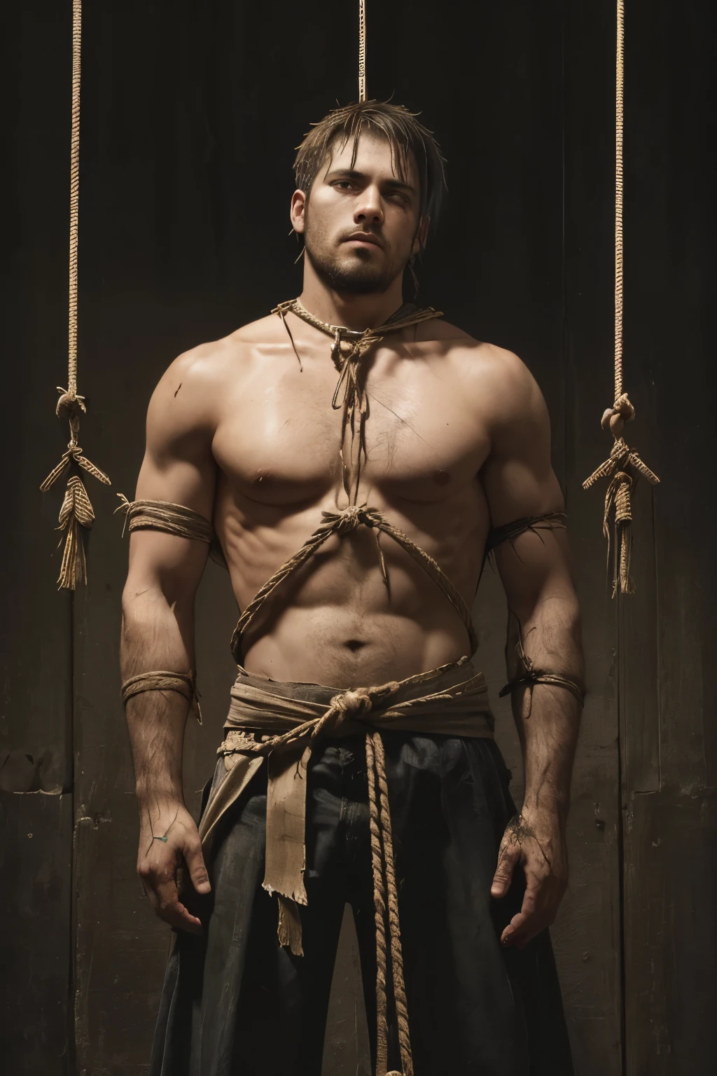 (((sinner executed by hanging, death execution, both hands tied behind his waist))), Execution chamber background, upper-body portrait, upper-body Image, real man, ((color Image)) masterpiece, best quality, high resolution