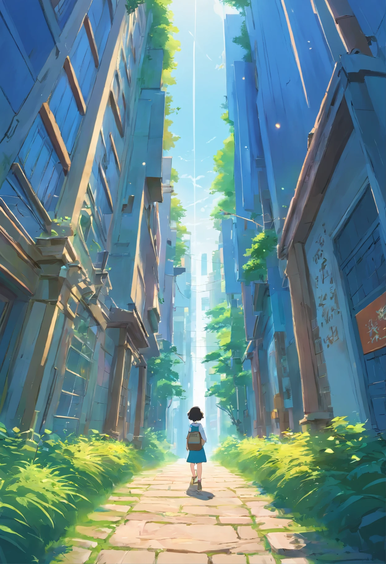 Faraway view、Landscapes、vanishing point、Outrageous resolution、A high resolution、ultra - detailed、The upper part is the sky、Below is the ground、Bright atmosphere、fanciful、、、Clean blue sky、The sun shines、Lots of stars、beautiful light up、Bright lighting、Soft lighting、Many shining magic lights、In the middle stood a dwarf、The story of the dwarves begins、His name is Dwarf、The surrounding buildings are in ruins、The forest is also laughing happily