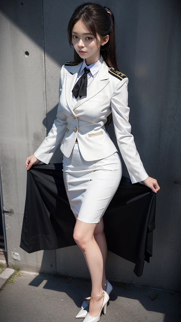16K, ((women's suit cover, black high heels)), Beautiful girl with long hair, mature woman, perfect body, (((Starlight uniform white))), golden shoulder board, ((Outer suit covered over)), (White Shirt), (black tie), (Military rank insignia), (pencil skirtสั้นwhite), (Dynamic Post), full body, (Huge breasts, small waist, Thin, small thighs), Can see the whole body, Firm figure, (Starlight uniform), white, (pencil skirt, white), (Yard in front of the building, Democracy Monument), (High heels black, tie a necktie), Women's suit, Women's suit white