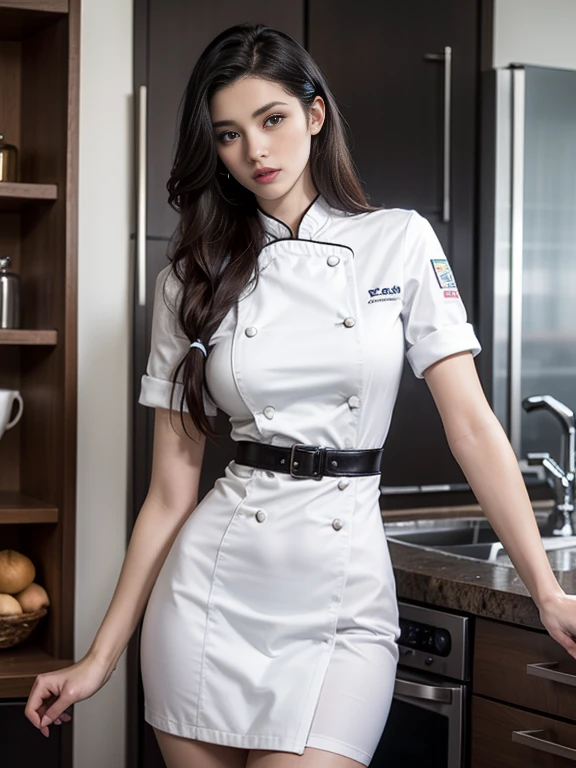 super realistic image, high quality uhd 8K, of 1 girl, detailed realistic ((slim body, high detailed)), (tall model), redhead, long ginger hair, high detailed realistic skin, ((white and gray chef uniform)), real vivid colors, standing