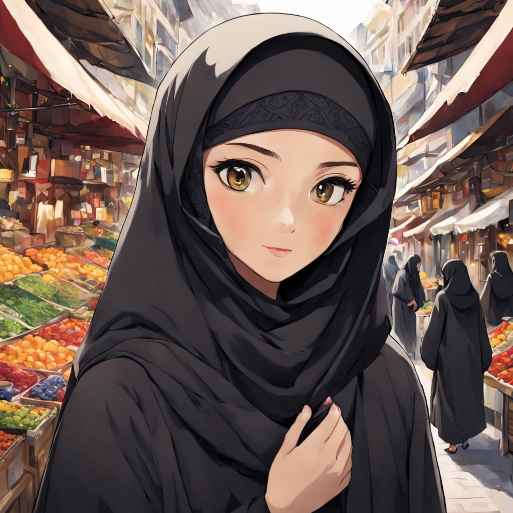 Craft an anime-style close-up portrait of a 24-year-old woman, her unadorned eyes reflecting serenity and inner peace, draped in a black Abaya and Khimar Hijab. Behind her, the bustling streets of a modern city blur into the background, symbolizing the harmony between tradition and contemporary life, while the woman's modest attire serves as a timeless reminder of faith and humility.