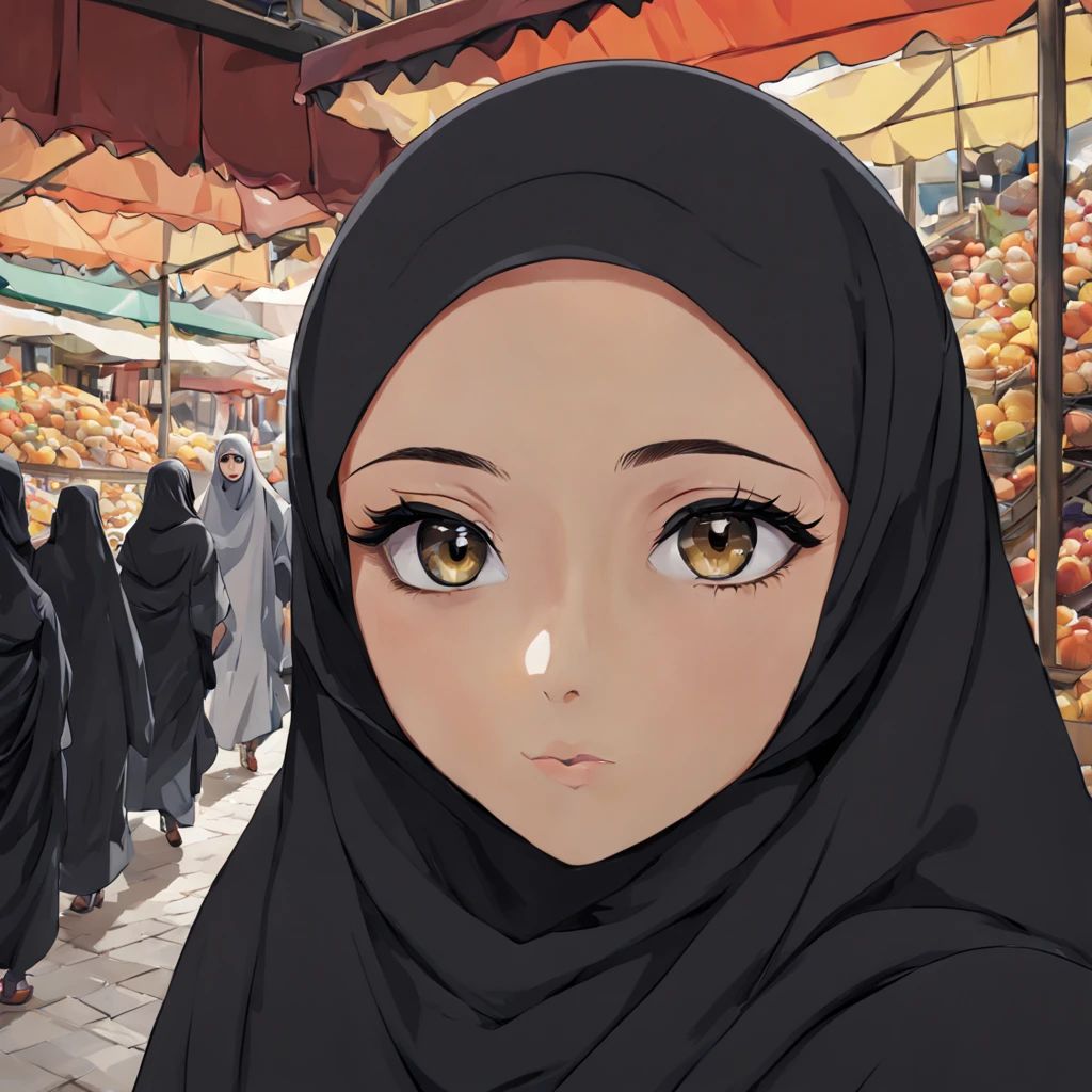 Craft an anime-style close-up portrait of a 24-year-old woman, her unadorned eyes reflecting serenity and inner peace, draped in a black Abaya and Khimar Hijab. Behind her, the bustling streets of a modern city blur into the background, symbolizing the harmony between tradition and contemporary life, while the woman's modest attire serves as a timeless reminder of faith and humility.