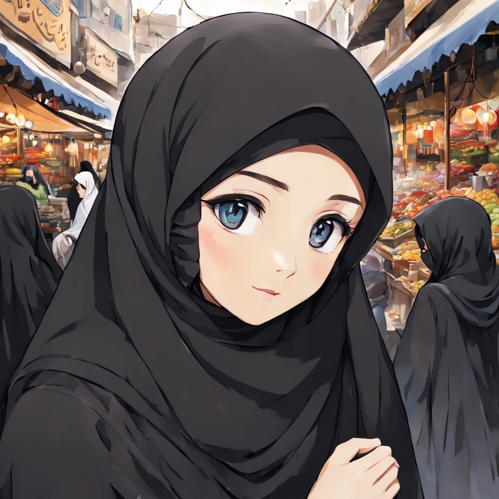 Craft an anime-style close-up portrait of a 24-year-old woman, her unadorned eyes reflecting serenity and inner peace, draped in a black Abaya and Khimar Hijab. Behind her, the bustling streets of a modern city blur into the background, symbolizing the harmony between tradition and contemporary life, while the woman's modest attire serves as a timeless reminder of faith and humility.