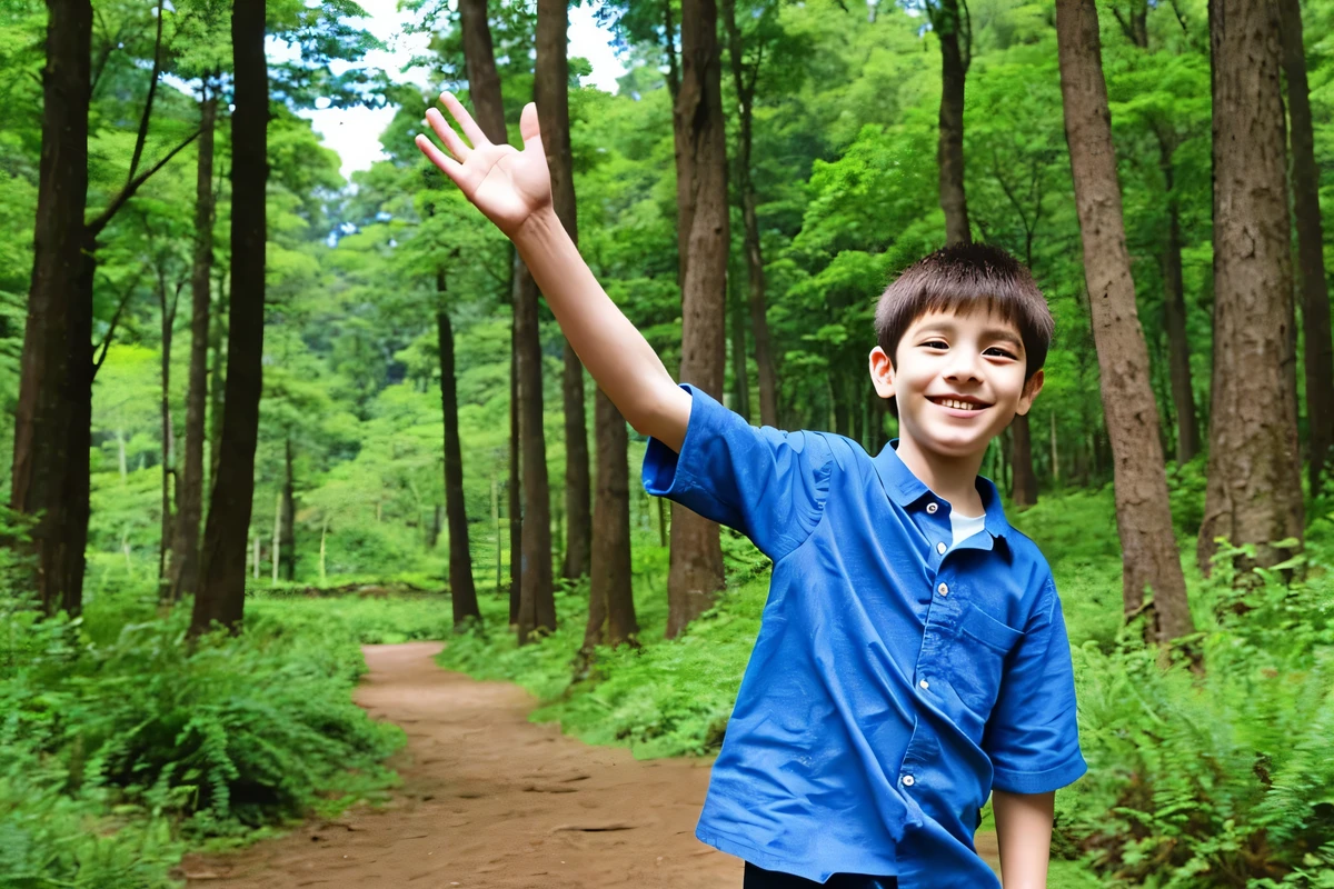 Wearing a blue shirt１１photo of a boy waving at me。The background features a beautiful forest and happy animals.。