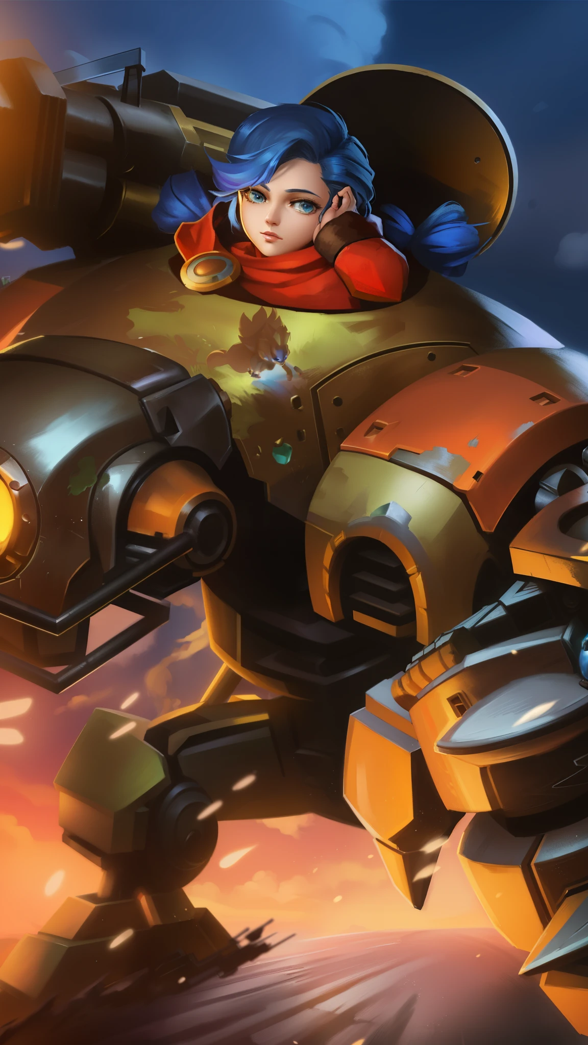 there is a woman riding a giant robot with a light on, orianna, teemo, bastion game, bastion, bastion from overwatch, inspired by Jules Chéret, league of legends style art, teemo from league of legends, battle chasers, g liulian art style, piltover, official splash art, league of legends art style