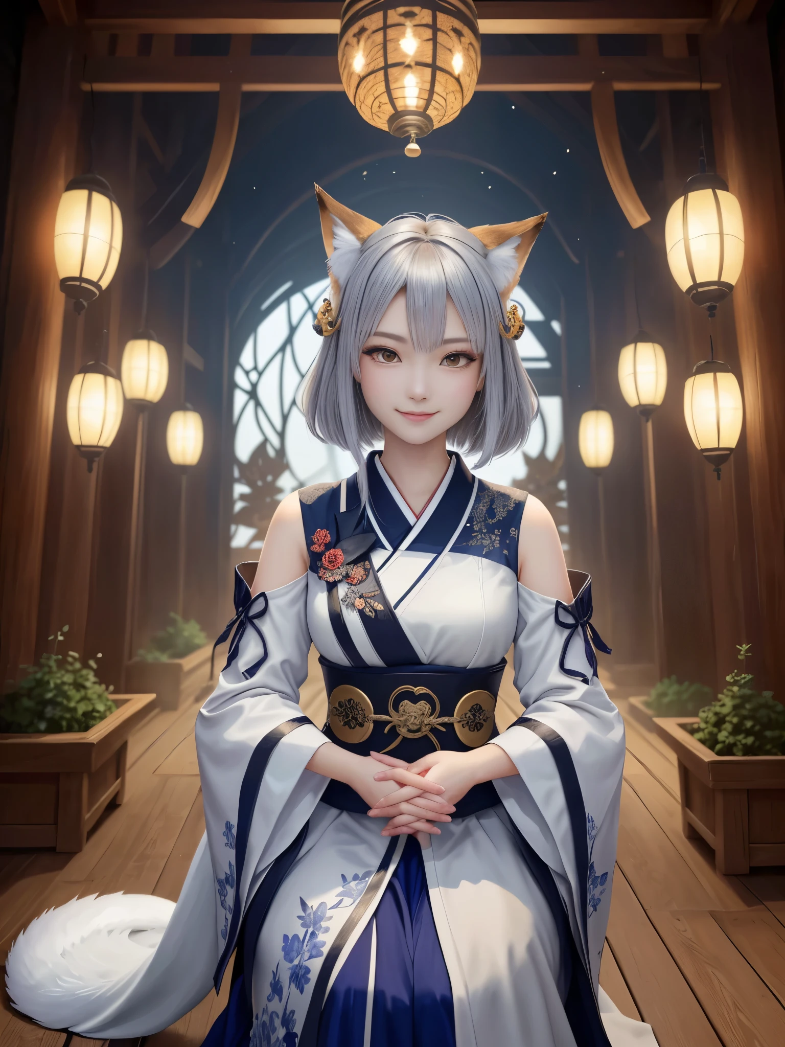 masterpiece , best quality,close up of face,smile,the whole body is facing forward,bright silver hair,brown eyes,sharp contrast,short hair,美しいフォルムのshort hair,just one person,precision quality,, masterpiece, japanese architectureの背景,beautiful details, colorful, delicate details, delicate lips, intricate details, genuine, ultrargenuineista, 枝に座っている色とりどりの髪のFoxを持つ女の子:Mature, bright eyes, ,色とりどりのFox, raposa de nine tails, 三尾Fox, 三尾Fox, onmyoji detail art, beautiful fine art illustration, mythical creatures, Fox, beautiful digital art,shrine maiden,japanese architecture,hold hands,exquisite digital illustration, mizutsune, Inspired by mythical wild web creatures, pixiv in digital art, shining light, high contrast, Mysterious,