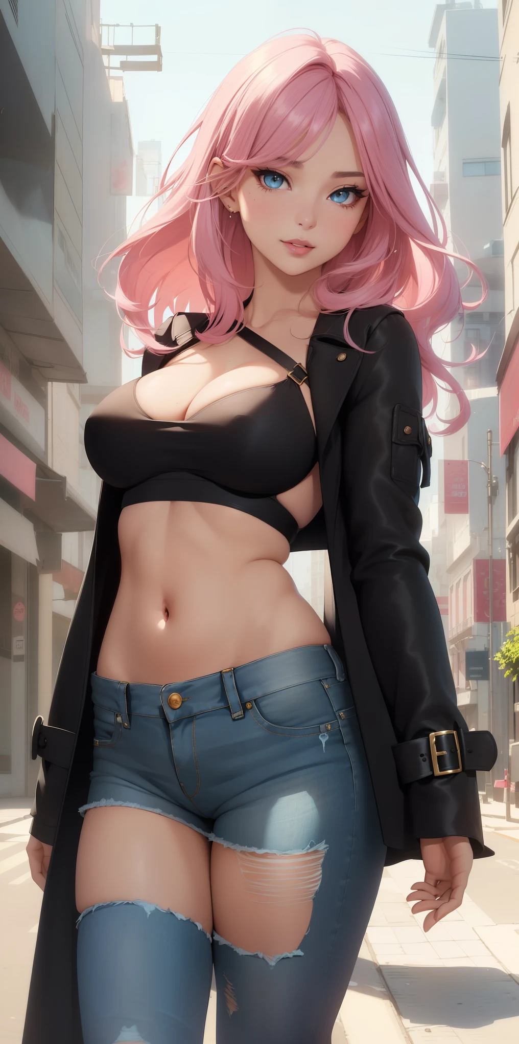 Medium and round breasts, she is charming ((she is a beautiful woman)), ((weakened pink hair, faded color, natural long, straight and voluminous)), double eyelids, light blue eyes, detailed eyes, hyper detailed, shine effect in the eyes, detailed irises, with incredible breasts and perfect waist, and an extremely sensual body, ((stylish cropped top, neck strap, ripped short denim shorts, stylish and cool)), ((round breasts))), beautiful makeup heavy, cleavage, ((masterpiece, hyper realistic, hyper detailed, best quality, 16k, light and shadow effect on skin, vivid colors)), eyeliner, passionate expression, perfect parted lips, innocent and sexy face, passionate smile , (( skin with light and shadow), beautifully seductive, ((she is beautiful)), flirting from bottom to top with the viewer, in a variable sensual pose, on the street, buildings in the distance, beautifully seductive, ((in delicate pose sensual )) (((View from below of viewer, long black coat)))
