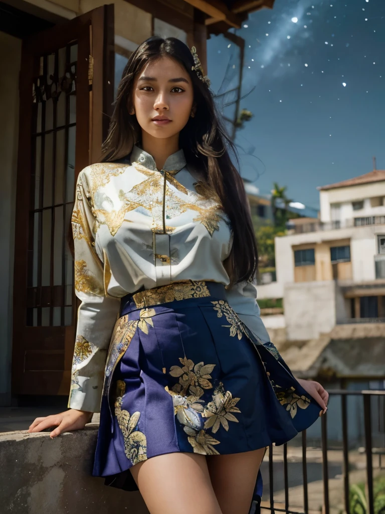best quality, masterpiece,, Illustration, Wallpaper,1indonesian girl, solo, gold and green transparent floral pattern gamis, thin hair, half long hair, beautiful girl with details, very detailed eyes and face, beautiful detailed eyes, shy, natural_lighting , light , clear sky, looking at viewer, outdoors, night sky, stars (sky), loafers, silver brooch, straight hair, purple and blue flowers, red pupils, ponytail, gold and blue batik skirt, brownish black hair, thick thighs, big breasts, naturalism eyes,