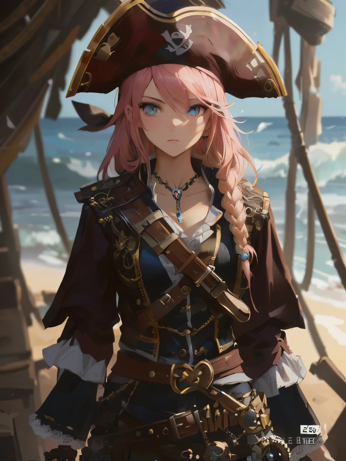 pirate girl with pink hair and a hat on a beach, female pirate captain, pirate portrait, pirate woman, a pirate, guweiz style artwork, Best Art Sites for Fan Art, pirate queen, 8k high quality detailed art, deviantart art station cgscosiety, beautiful figure painting, Alexandra Formina Art Station, pirate, Extremely detailed Artgerm confident sexy beauty with blonde hair and blue eyes