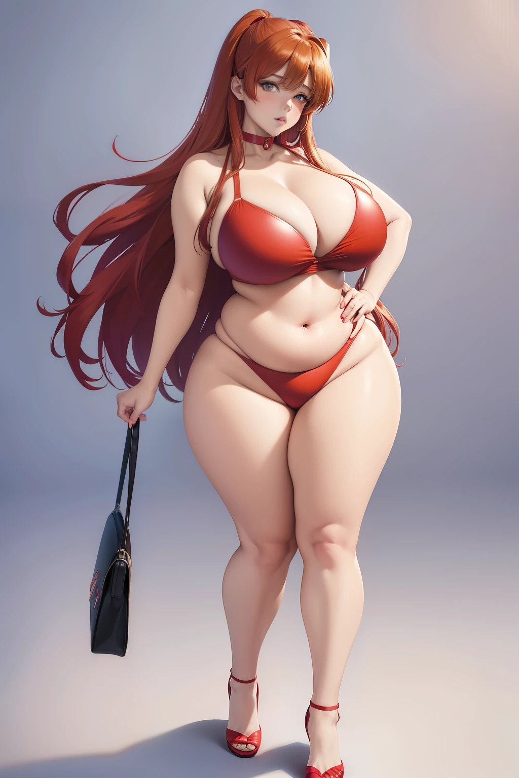 Full body portrait photo of anime bbw girl in red bikini with long hair and big breasts, very fat curvy body, wide waist and wide hips, round and beautiful face, very similar portrait of asuka langley Soryu, asuka langley, anime female characters, evangelion beautiful girl, that&#39;Junji&#39;Style, Asuka from Evangelion,  cel shaded anime