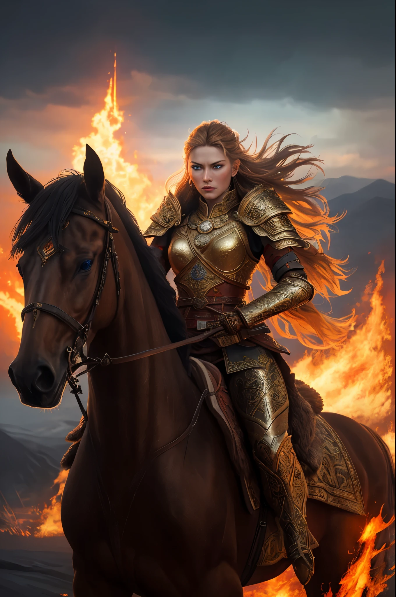 A powerful and fierce women warrior stands in the foreground, clad in authentic Russian armor with intricate designs and golden accents that gleam under the fiery glow of the background. Her determined expression is etched on her strong, angular features, her piercing blue eyes reflecting the intense heat and passion that burns within her. flexible, dynamic poses, dramatic, intense, high contrast, highest resolution, hyperrealistic, hyperrealism, photorealism, realistic, Digital art, Concept Art, illustration, oil painting, surrealism, 8k, set against an epic backdrop of an apocalyptic Russian landscape, where fire consumes the horizon and the Russian flag on fire billows