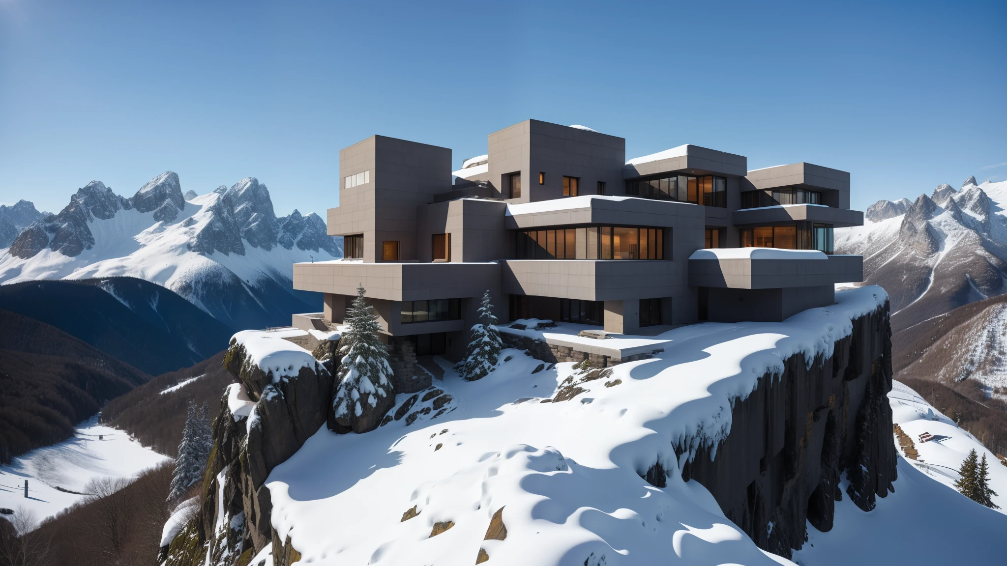 brutalist home in snowy mountaintop jagged rocks, cliffside, mountain peak