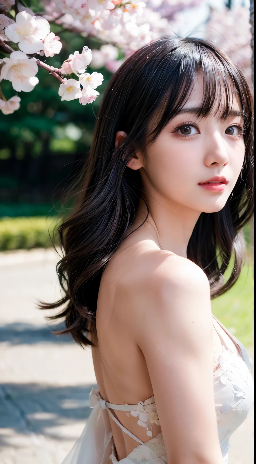 (logo、masterpiece、8k、Tabletop、RAW Photos、wonderful、最high quality、フォトリアリスティックでVery detailedな CG 統合 8k 壁紙、high quality、Very detailed、Narrative poem、Particle Effects、Dynamic Effects、Written boundary depth、Cinematic Light、Lens flare、Ray Tracing)、Fantasy、 (One beautiful woman、dress、dress、Cherry blossom pattern、Black-haired、Beautiful Face、True Face、Beautiful details、eye、Beautiful Skin)、髪がWindで踊る、Hair flutters in Wind、Hair bounces、Pink cherry blossom tree、Petals fluttering、SakuraFubuki、wonderful景色、sunrise、Sun in the background、Wind、