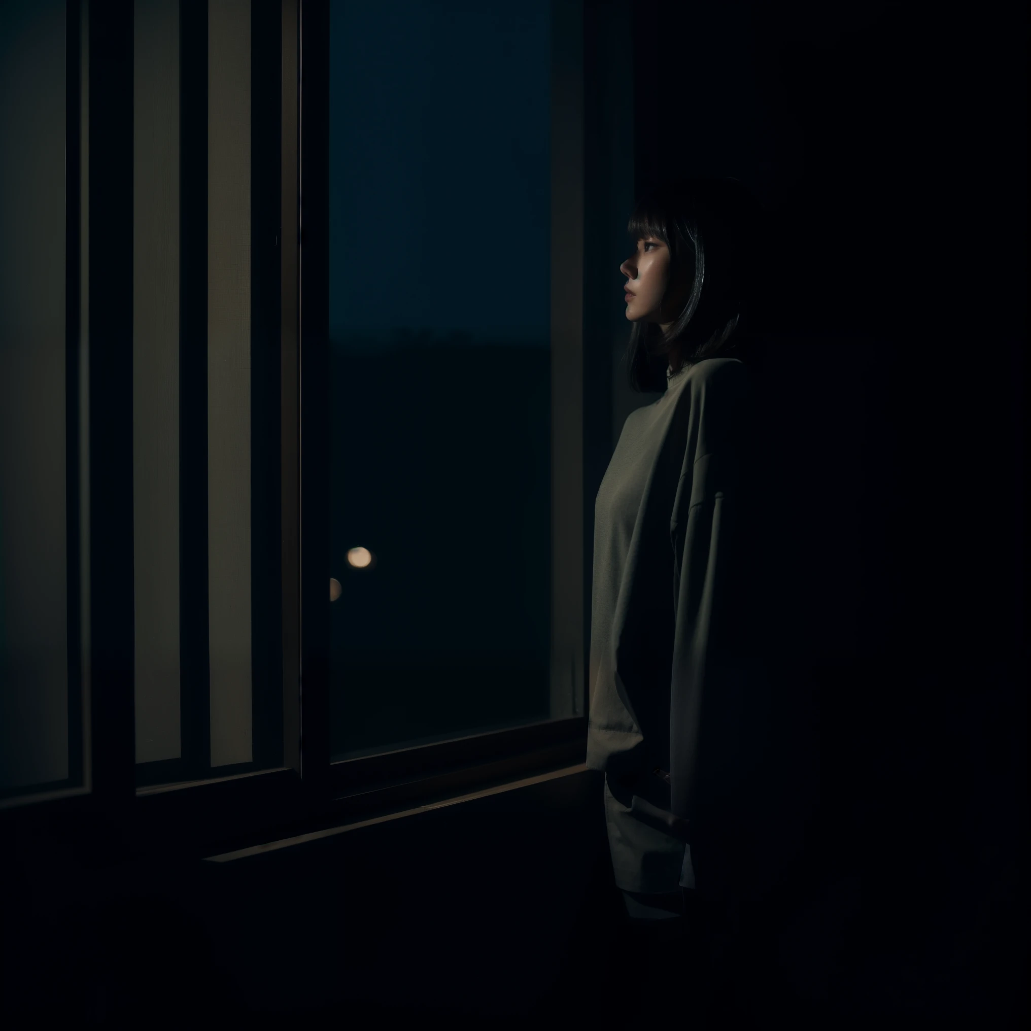 Top Quality, Masterpiece, Ultra High Resolution, Photorealistic, 1 Girl, asian, long black hair , looking outside window , (night) , ((dark lighting)) , night sky , photography, facing away from the camera , short hot pants , room, thigh , oversized clothes,