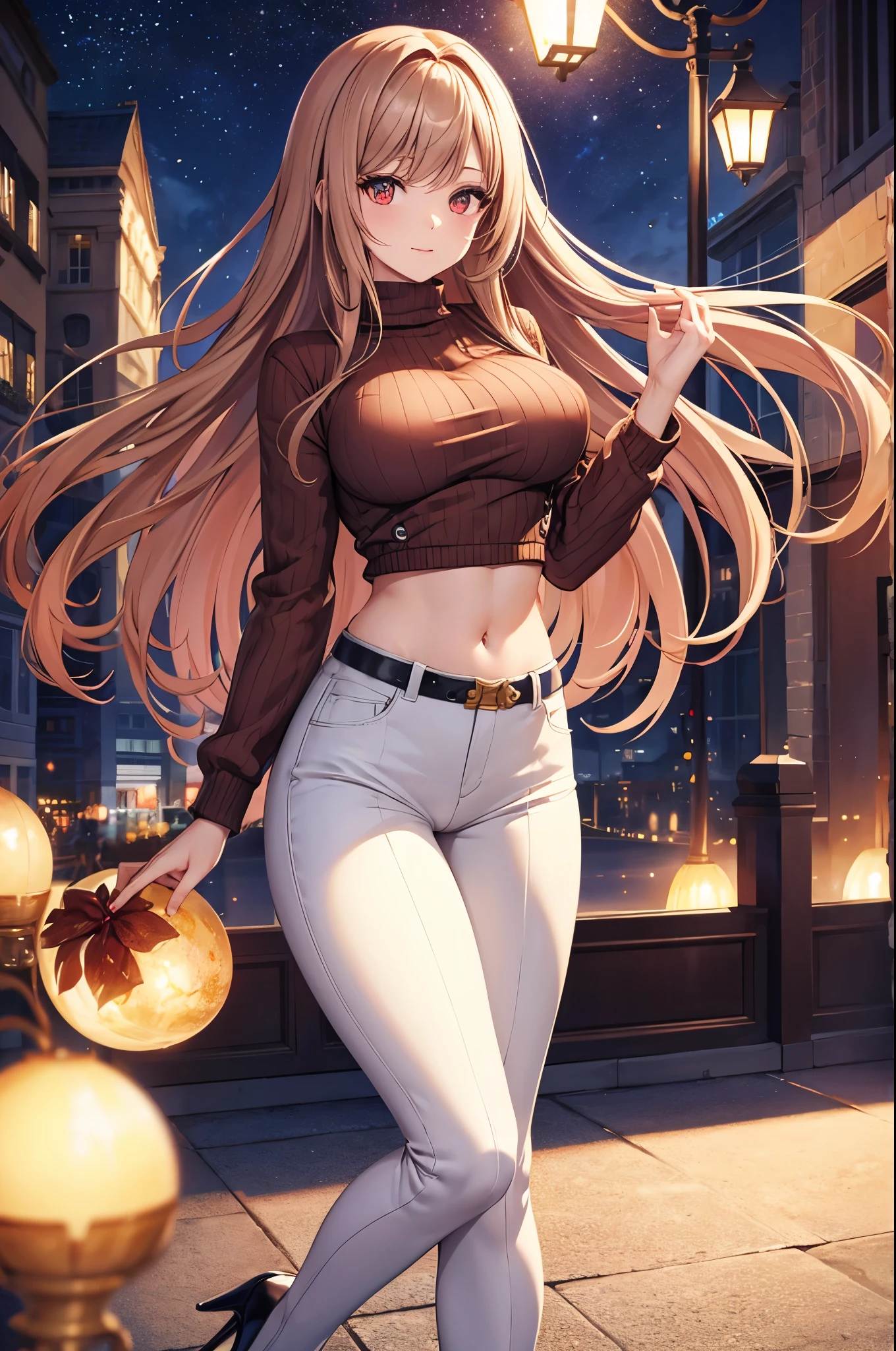 Game , goddess of victory nikke, Rapi , light brown hair,  alluring eyes ,beautiful face , crystal red eyes ,  long hair ,sweater shirt, cream colour shirt, trousers, cheerful eyes, ,g cup breast, slender waist, bewitching thighs, , five fingers each hand, two hand ,two leg , in town, date, hunch over, standing, beautiful, high heels, night life