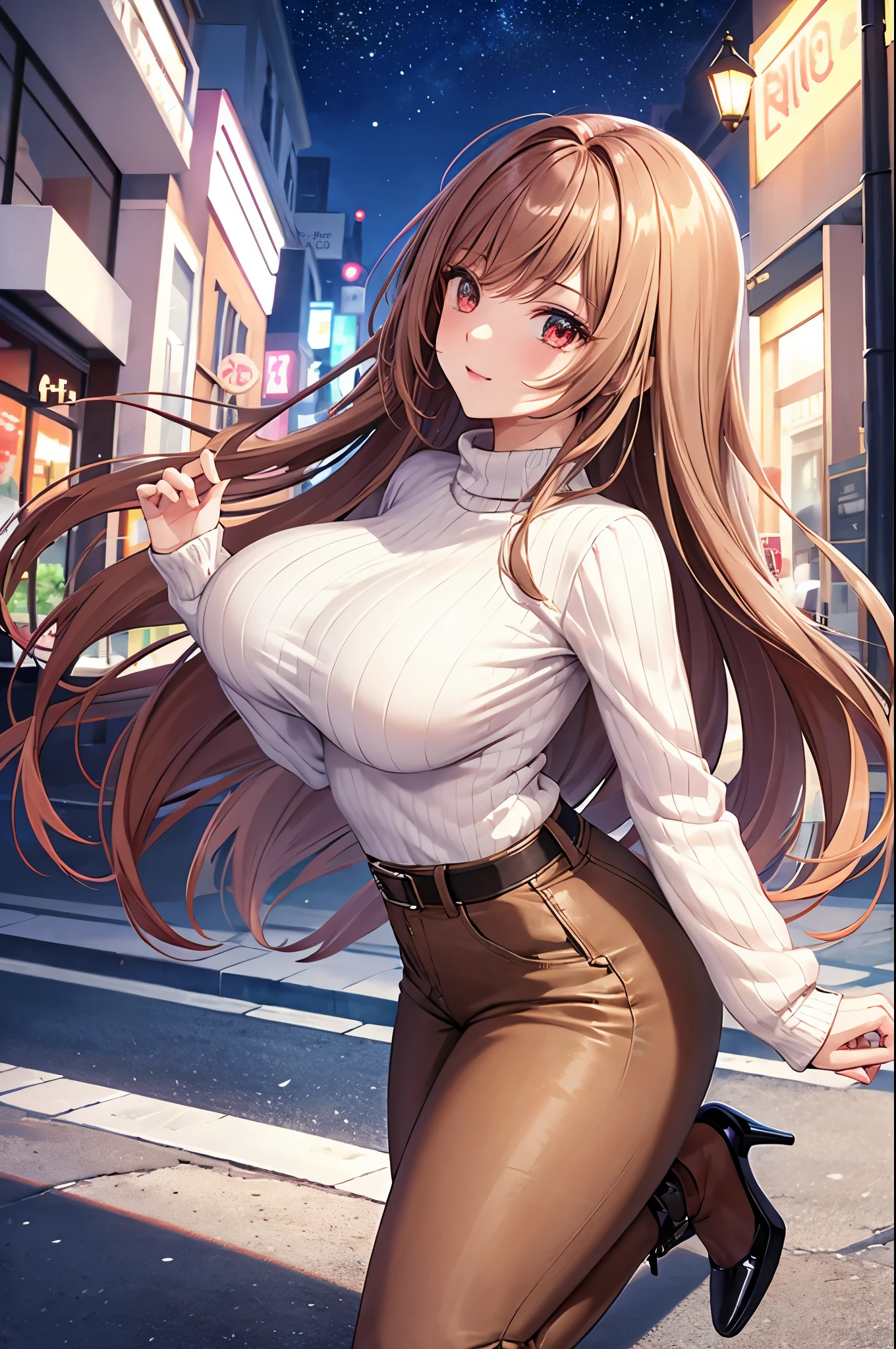 Game , goddess of victory nikke, Rapi , light brown hair,  alluring eyes ,beautiful face , crystal red eyes ,  long hair ,sweater shirt, cream colour shirt, trousers, cheerful eyes, ,g cup breast, slender waist, bewitching thighs, , five fingers each hand, two hand ,two leg , in town, date, hunch over, standing, beautiful, high heels, night life