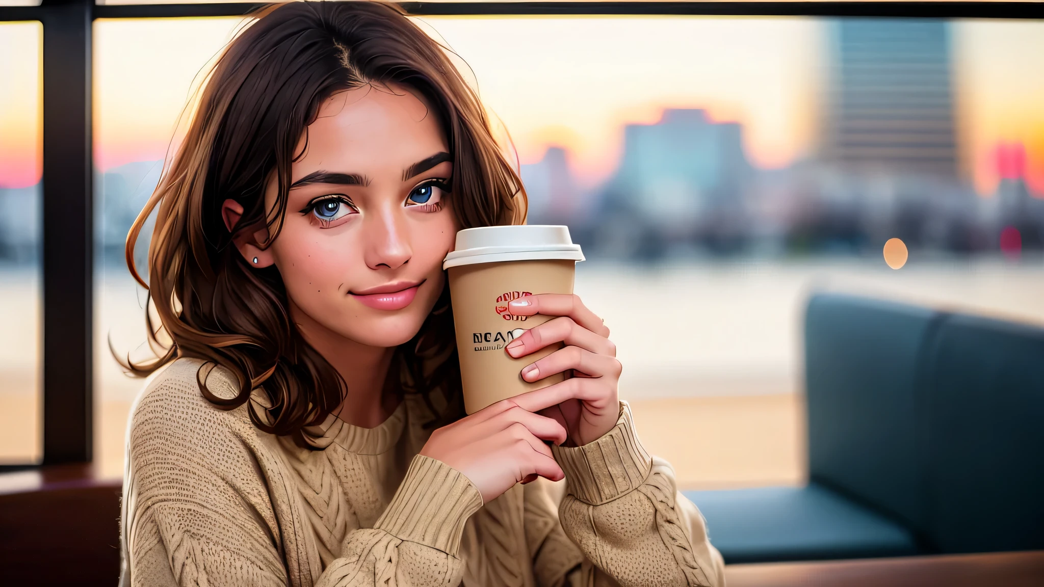 beautiful brunette wearing beige sweater (holding a cup of coffee inside a modern café at sunset), very detailed, innocent face, natural wavy hair, blue eyes, high resolution, masterpiece, best quality, intricate details, highly detailed, sharp focus, detailed skin, realistic skin texture, texture, detailed eyes, professional, 4k, charming smile, filmed in Canon,  85mm, shallow depth of field, kodak vision color, perfect fit body, extremely detailed, foto_\(ultra\), photorealistic, realistic, post-processing, maximum detail, roughness, real life, ultra realistic, photorealism, photography, 8k uhd, photography