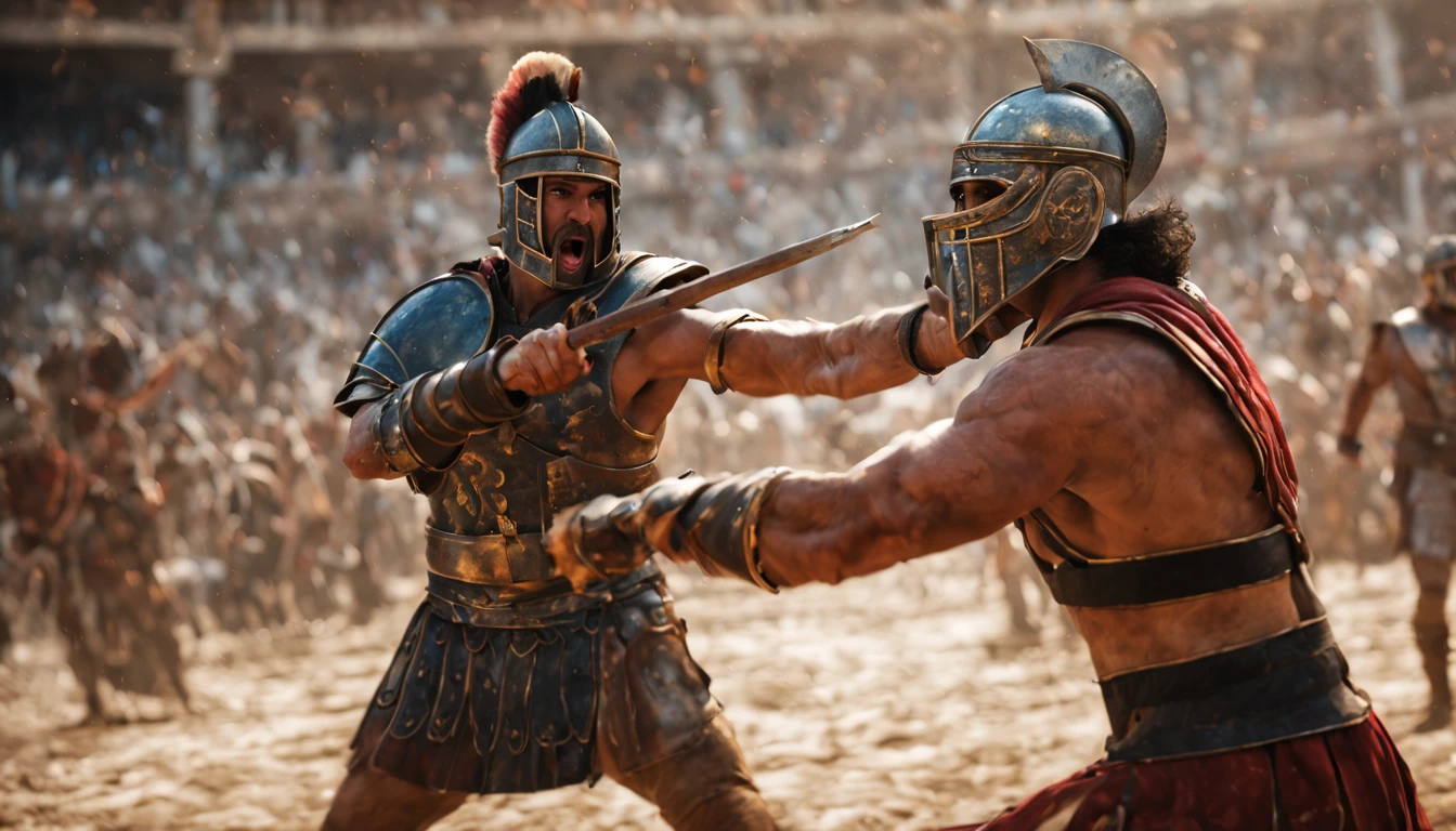 best quality,4k,highres,masterpiece:1.2,ultra-detailed,realistic:1.37,physically-based rendering,(dramatic lighting),(epic battle scenes),(dusty dirt flying),(sweat and blood),(gleaming weapons),intense expressions,(muscular bodies),(fierce determination),roaring crowd,(imposing armor),(heroic poses),vivid colors,sharp focus,studio lighting,bokeh,classic painting style,action-packed,portraits,ancient Rome,arena,gladiators,fighting,combat,weapons,sand,violence,brutality,strength,honor