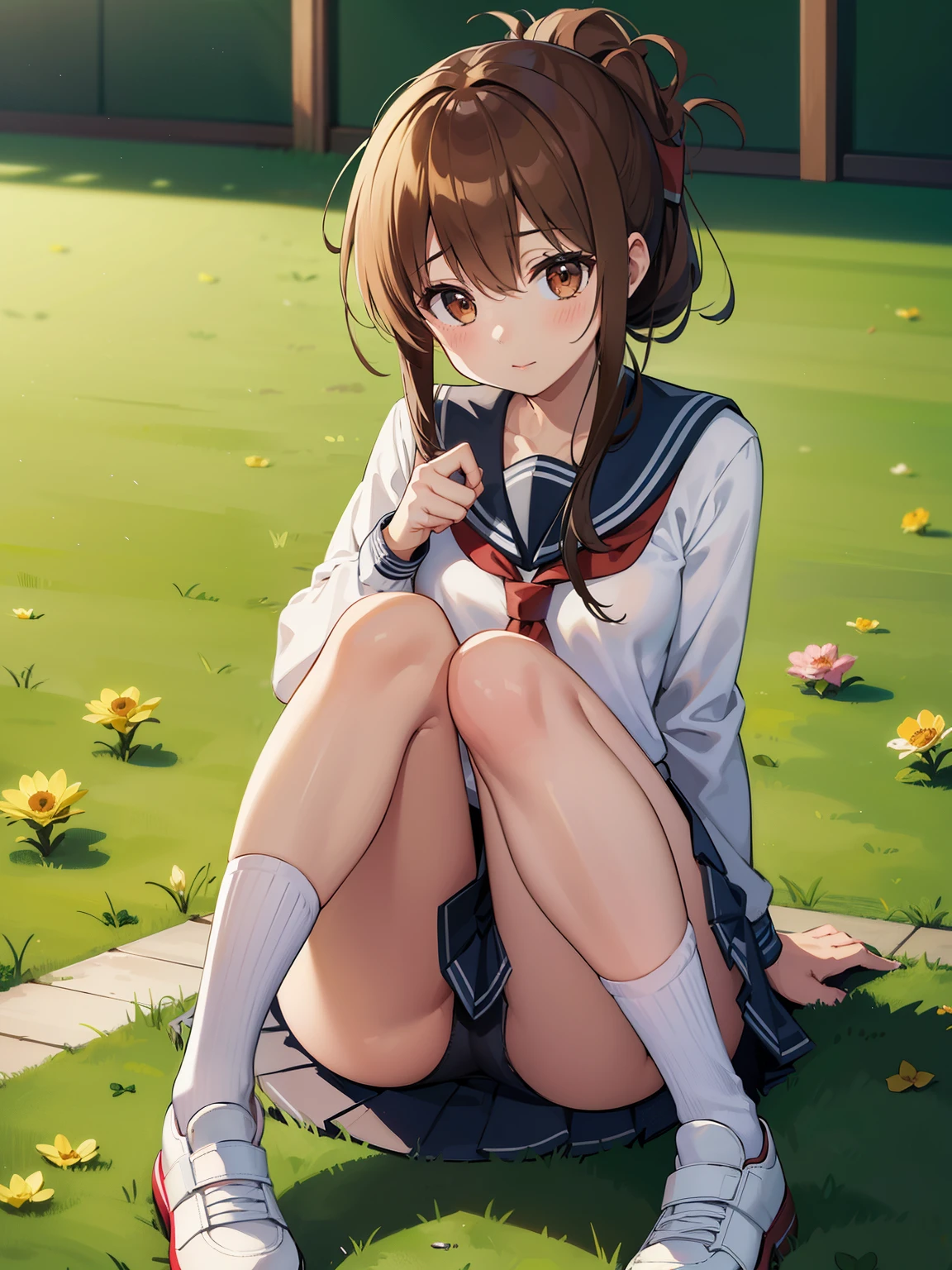 I am sitting on the floor of the school gymnasium and observing classes because I am not feeling well.,(masterpiece, best quality:1.2),illustration,8k,hd,1girl,solo,upper body,(portrait:1.2),brown_hair,folded_ponytail,brown_eyes,serafuku,long_hair,school_uniform,skirt,pleated_skirt,