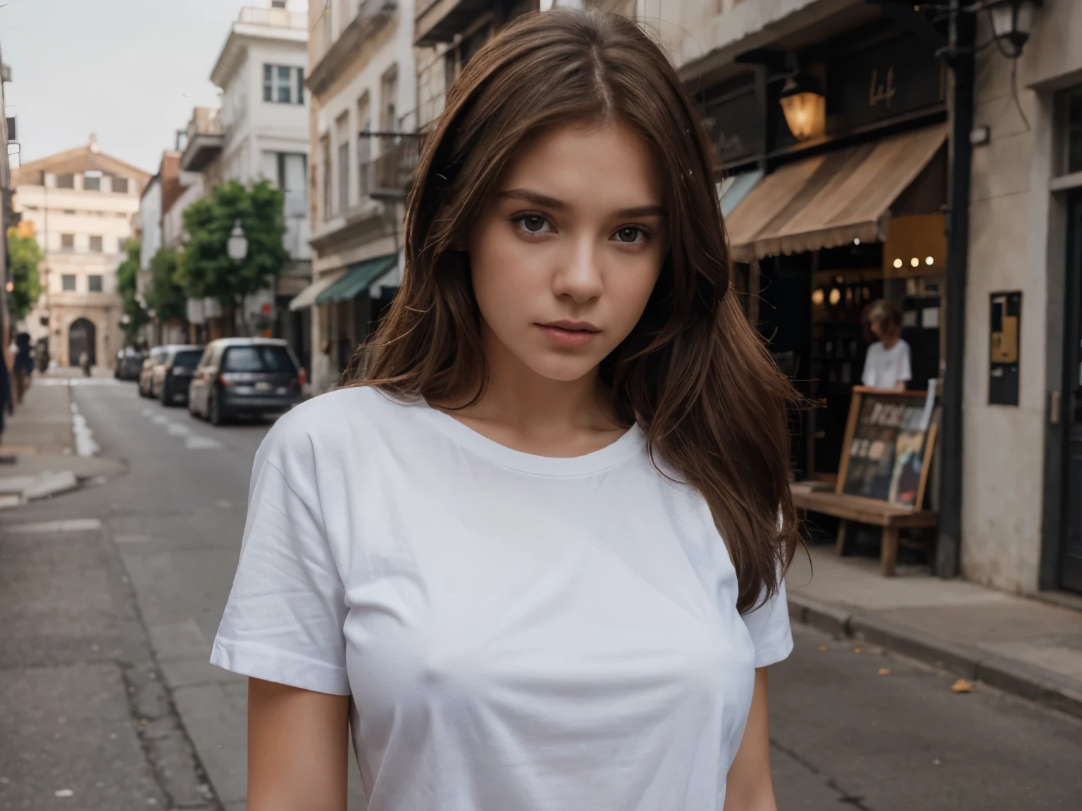 A young female wearing a white t-shirt and jeans, brown hair, realistic, 4k, multiples poses, background street, different expressions, no text, no design