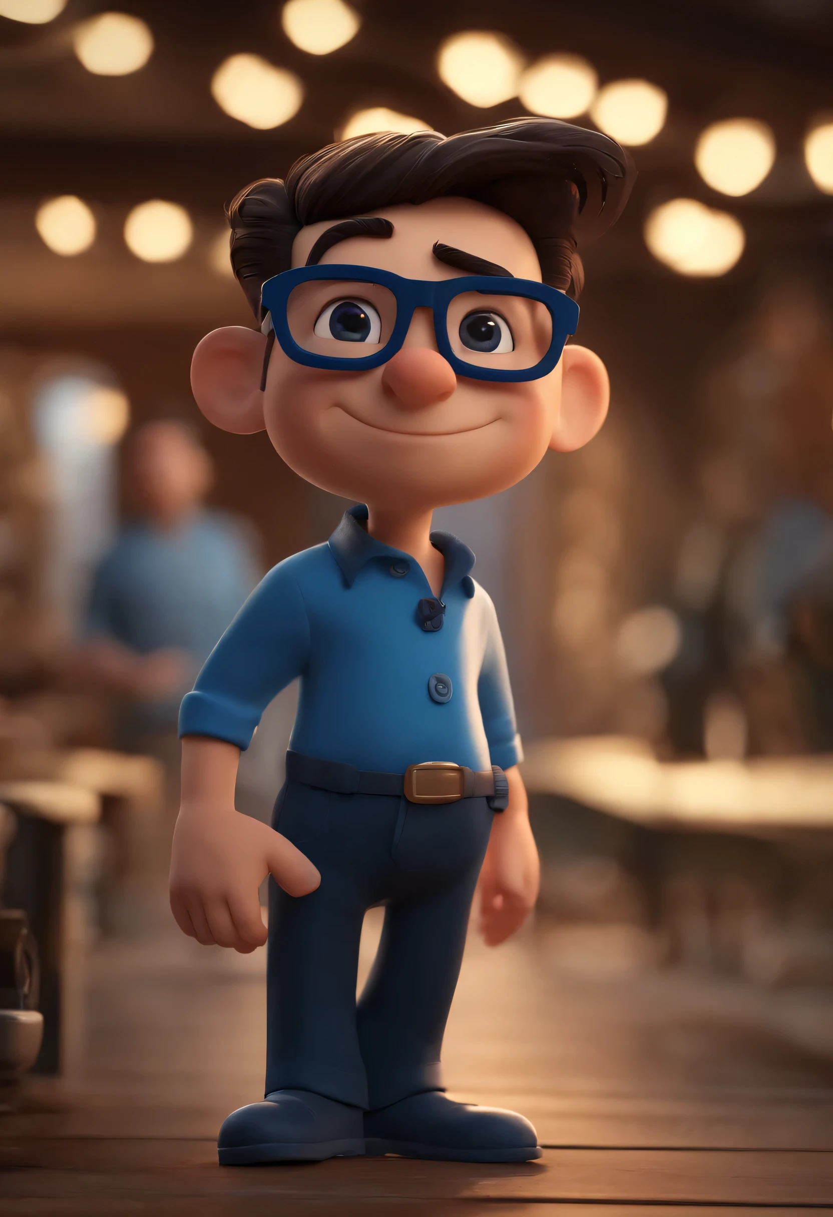 Cartoon character of a man in sunglasses and blue shirt, animation character, Caractere estilizado, animation style rendering, 3D estilizado, Arnold Maya rendering, Stylized 3D rendering, toon render screenshot, Personagem 3D, Personagem 3D, Stylized 3D rendering, 3D character rendering, personagem de desenho animado, Personagem de close up, Pose de personagem,  (Estilo Pixar) (Parte Mestre:1.2) (bokeh) (melhor qualidade) (pele detalhada) (textura detalhada) (8K) (argila) (Cinematic lighting) (sharp focus