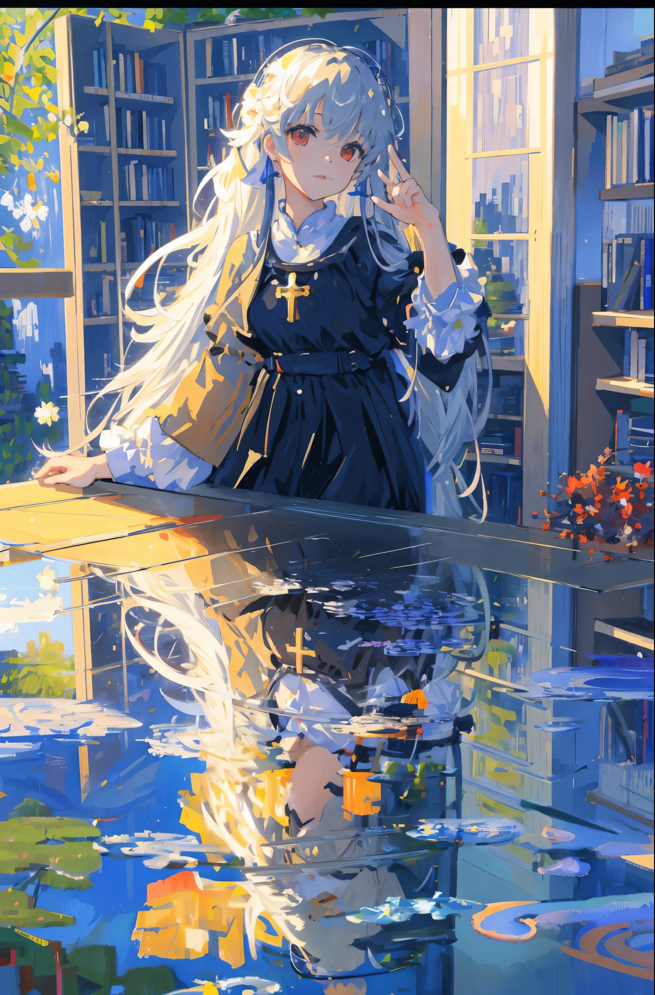 [(transparent background:1.5)::5],(((masterpiece))),(((highest quality))),(((very detailed))),figure, 1 girl,alone,Mysterious,Bright colors,shiny, in water透明密閉半球ガラスdome, gray hair,red eyes, whole body,barefoot,long hair tranquility nature, Require,in water, dome,close,dynamic action,lens perspective,(((box configuration))),Sit cross-legged and lean against the bookshelf,(arm + hand + 1 thumb + 4 fingers),(Impressionism:1.4)