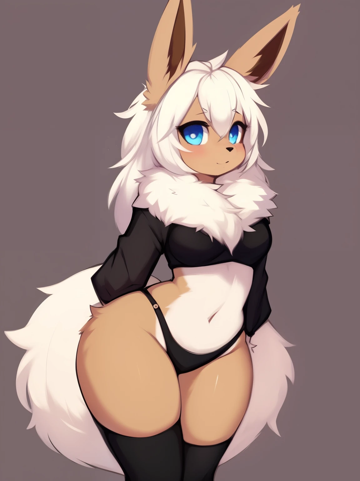 by zackary911,zackary911, eevee anthro, black hoode, solo, one character, blue eyes, female, fluffy fur, big fluffy tail, breast, fluffy fur neck, long white hair, wide hips