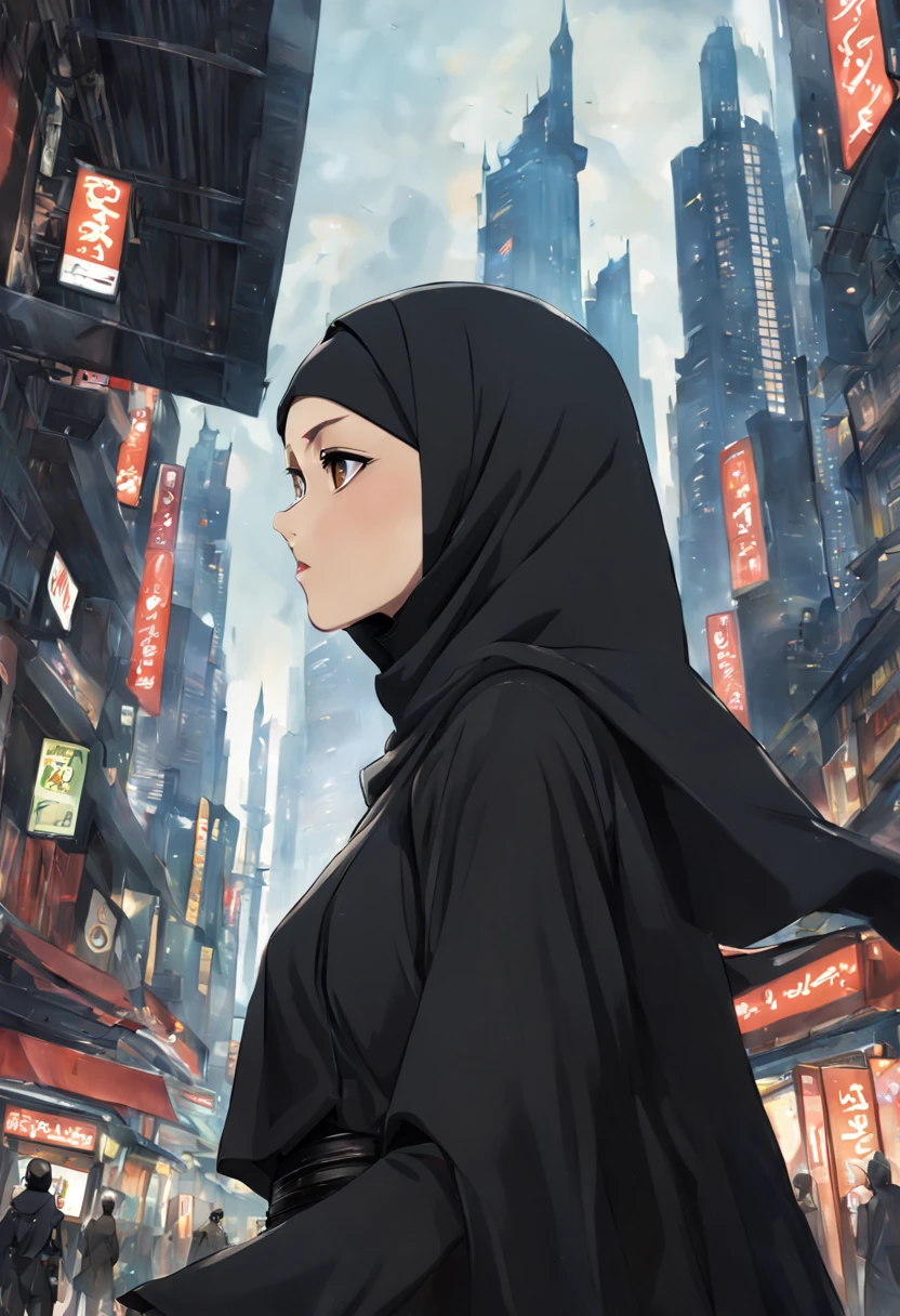 Illustrate a thought-provoking anime-inspired depiction of a young woman's face, aged 24, adorned in a black Abaya and Khimar Hijab. Behind her, a futuristic cityscape stretches into the distance, dotted with towering skyscrapers and bustling streets, symbolizing the enduring values of faith and tradition in an ever-changing world, mirrored in the woman's steadfast gaze.