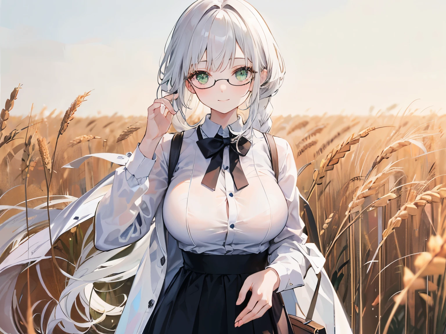 white haired young woman, 25 years old, body, golden eyes, long hair,Green braid tied in bows left and right...to wear glasses........big breasts..,, Wear a white shirt. Wear a short black skirt. from America....Large white breasts wearing a black bra.,With a slight smile on his face......The background is a wheat field.