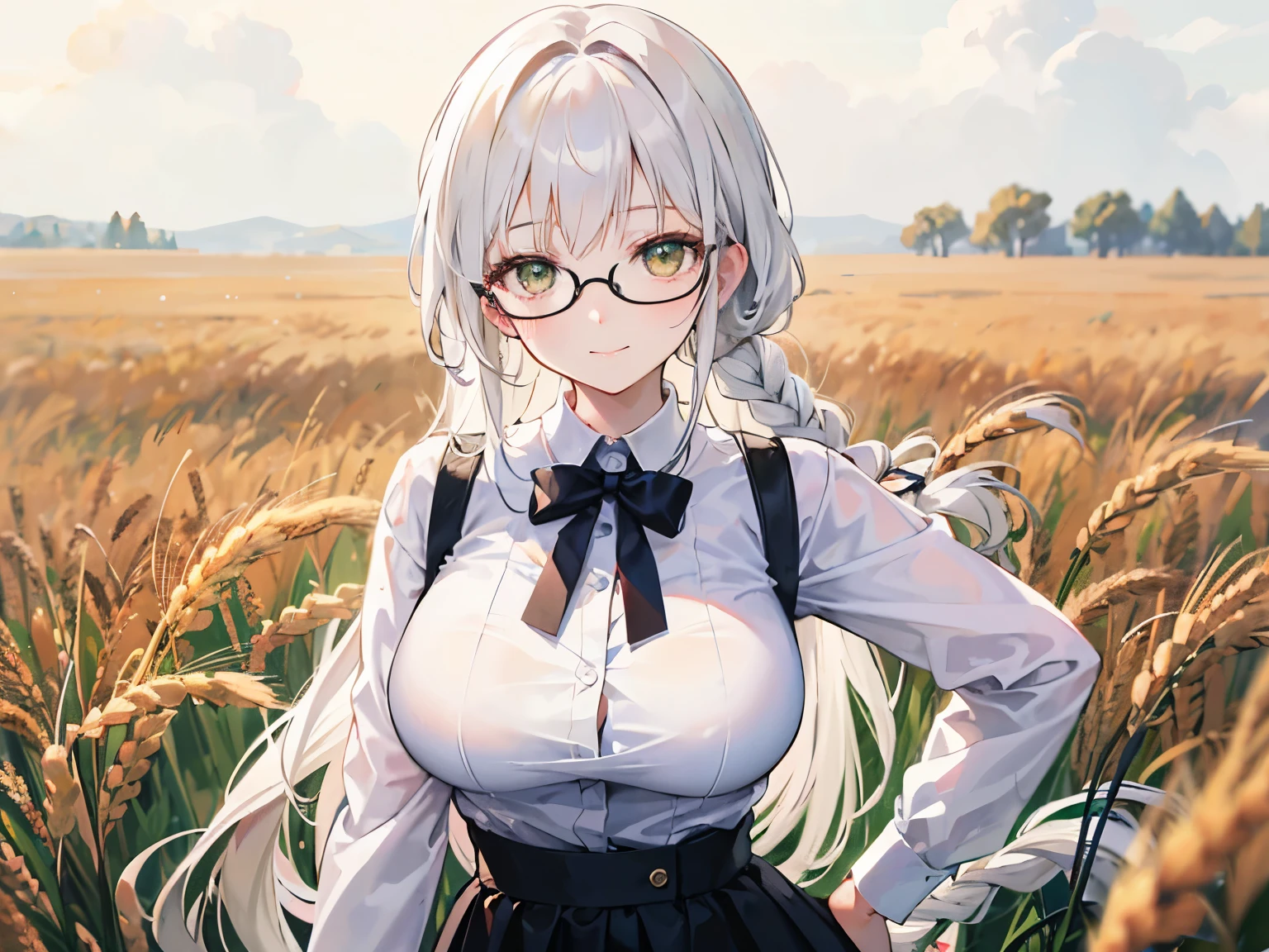 white haired young woman, 25 years old, body, golden eyes, long hair,Green braid tied in bows left and right...to wear glasses........big breasts..,, Wear a white shirt. Wear a short black skirt. from America....Large white breasts wearing a black bra.,With a slight smile on his face......The background is a wheat field.