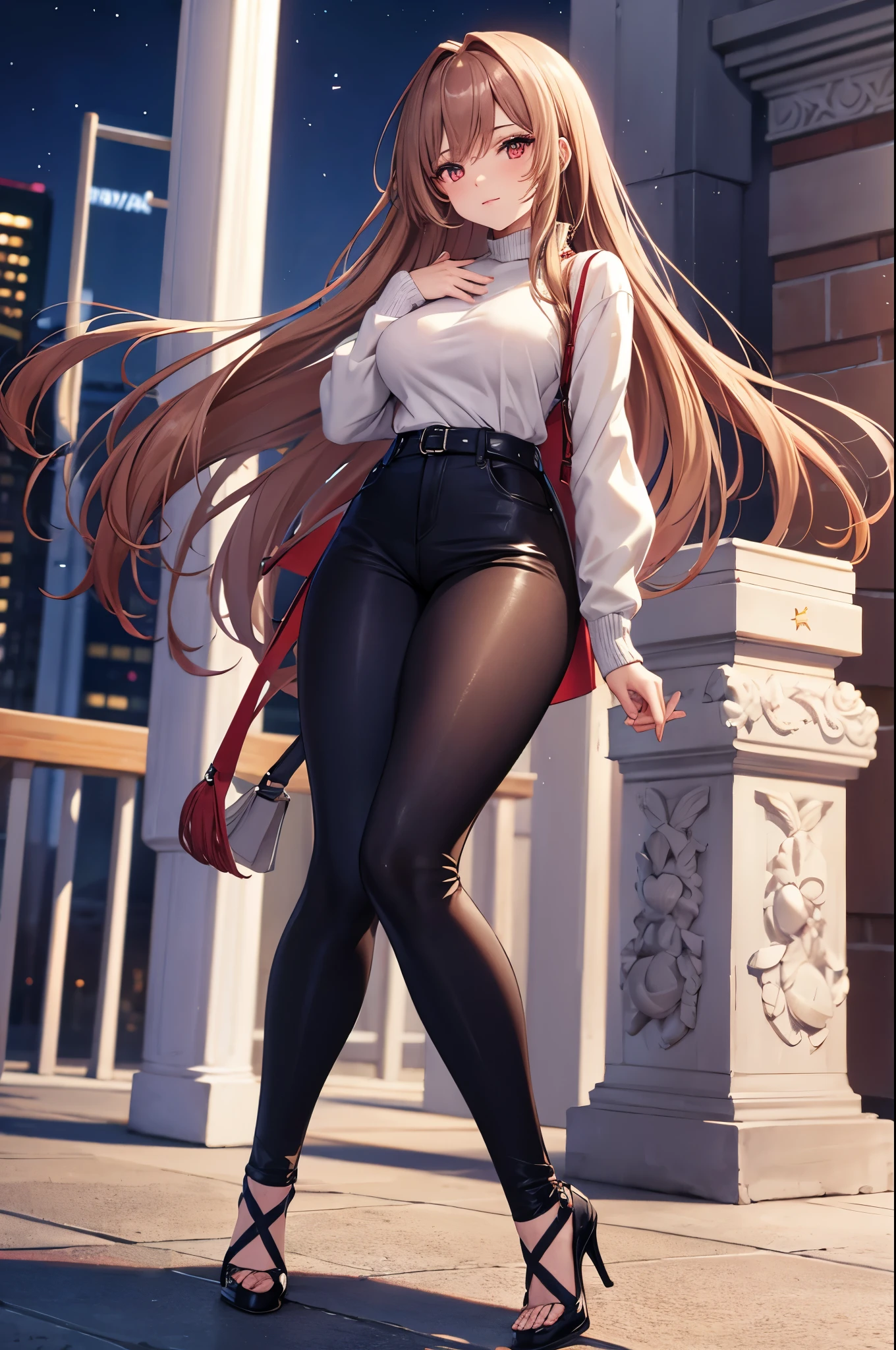 Game , goddess of victory nikke, Rapi , light brown hair,  alluring eyes ,beautiful face , crystal red eyes ,  long hair ,sweater shirt, cream colour shirt, trousers, cheerful eyes, ,g cup breast, slender waist, bewitching thighs, , five fingers each hand, two hand ,two leg , in town, date, hunch over, standing, beautiful, high heels, night life