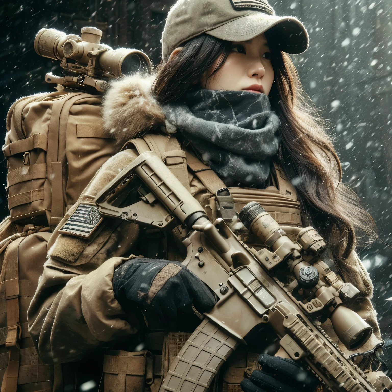 photorealistic、realistic skin texture、A beautiful Japanese woman belonging to the American military is in a city of winter rubble.、alley、old brick building、I'm on guard、Backpack、tactical er jacket、baseball cap、automatic rifle、bulletproof vest、It's snowing、moving action pose、muddy boots