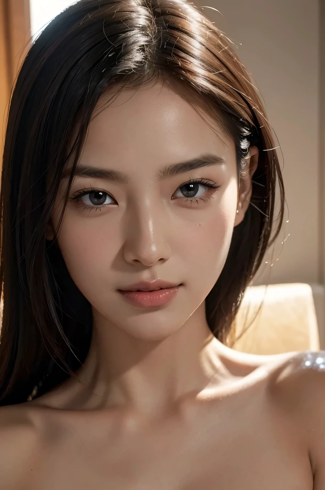 (Enhances the beauty of skin texture:1.1), highest quality、masterpiece, ultra high resolution、(Photoreal:1.4)、RAW photo、1 girl、shiny skin, dramatic lighting, RAW photo, table top:1.3, ultra high resolution:1.0, sharp focus:1.2, beautiful woman with perfect figure:1.4, thin abs:1.2, Highly detailed face and skin texture, fine eyes, double eyelid, perfect facial balance, clean system, smile, Soft light in a beautiful studio, rim light, vivid details, surreal, Fine and beautiful skin, realistic skin, beautiful face, Beautiful woman, high solution face, soft texture, nude, close up of face, glowing skin, face of glory, crazy high resolution, glowing skin, shining face, luster, oily skin, oily face, close up of face, zoom on face, oily skin, oily face, 強いluster, beautiful hair, 8k