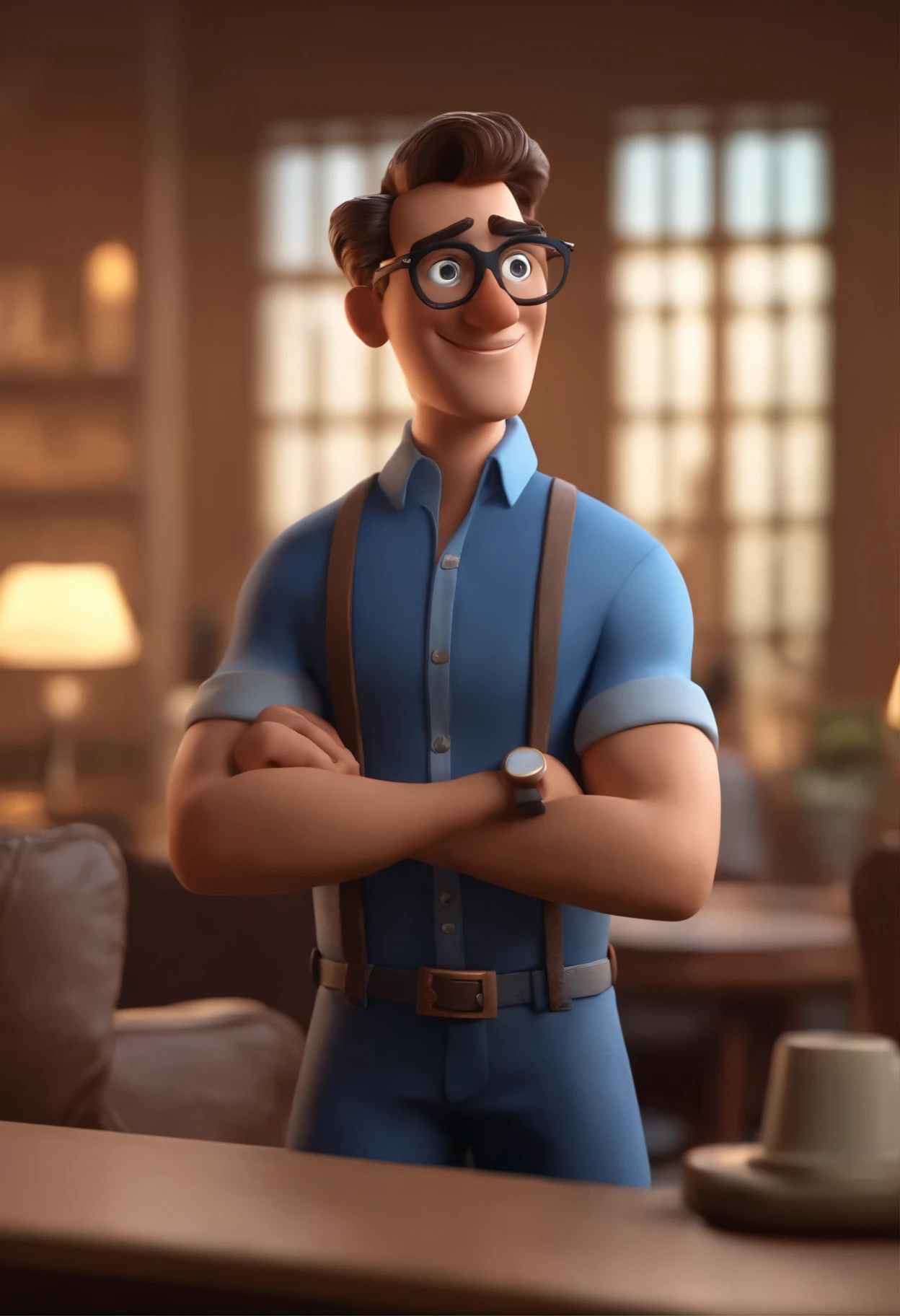 Cartoon character of a man in black glasses and blue shirt, animation character, Caractere estilizado, animation style rendering, 3D estilizado, Arnold Maya rendering, Stylized 3D rendering, toon render screenshot, Personagem 3D, Personagem 3D, Stylized 3D rendering, 3D character rendering, personagem de desenho animado, Personagem de close up, Pose de personagem,  (Estilo Pixar) (Parte Mestre:1.2) (bokeh) (melhor qualidade) (pele detalhada) (textura detalhada) (8K) (argila) (Cinematic lighting) (sharp focus